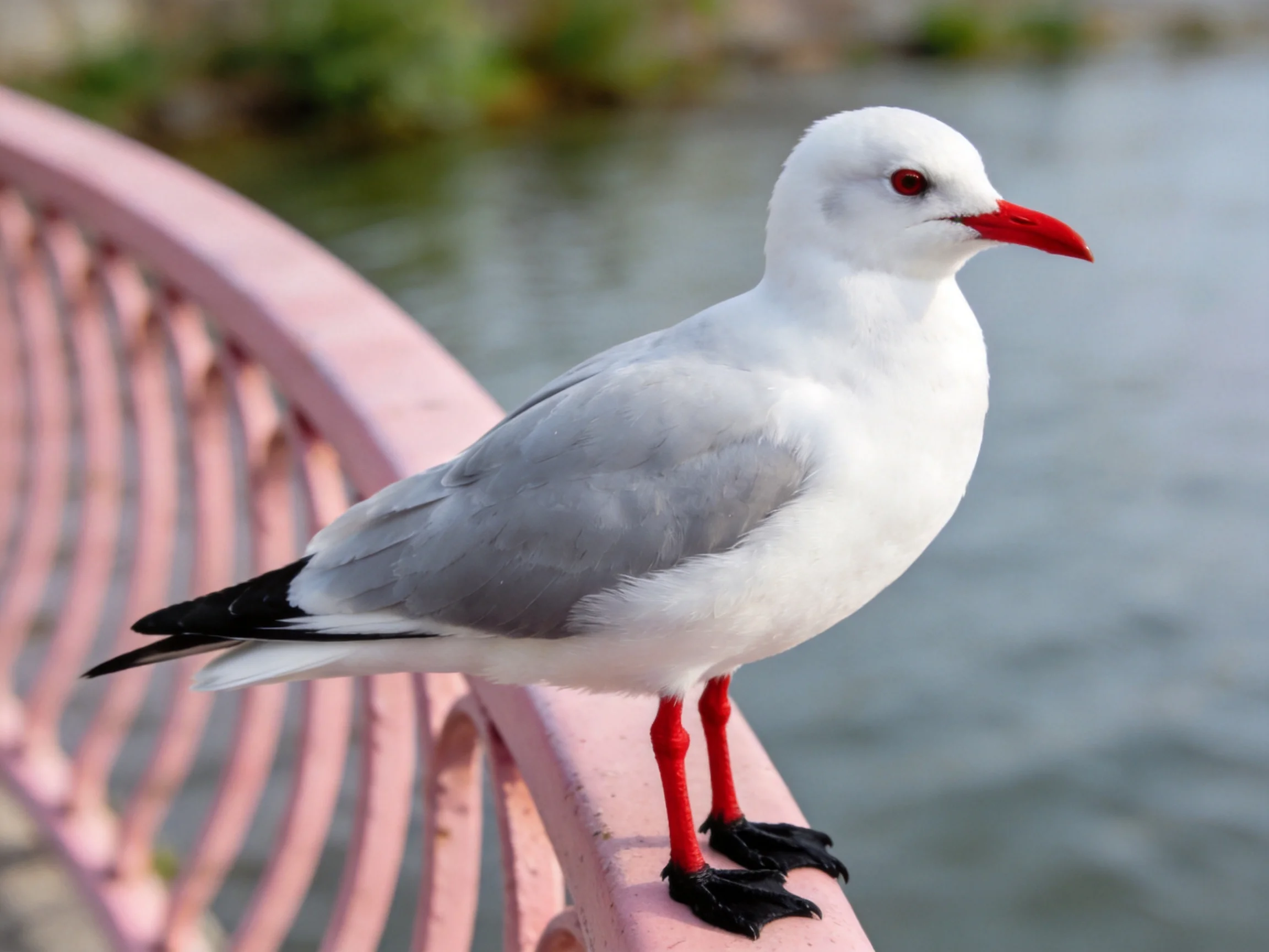 A white and gray seagull with red beak perches on a pink railing by water