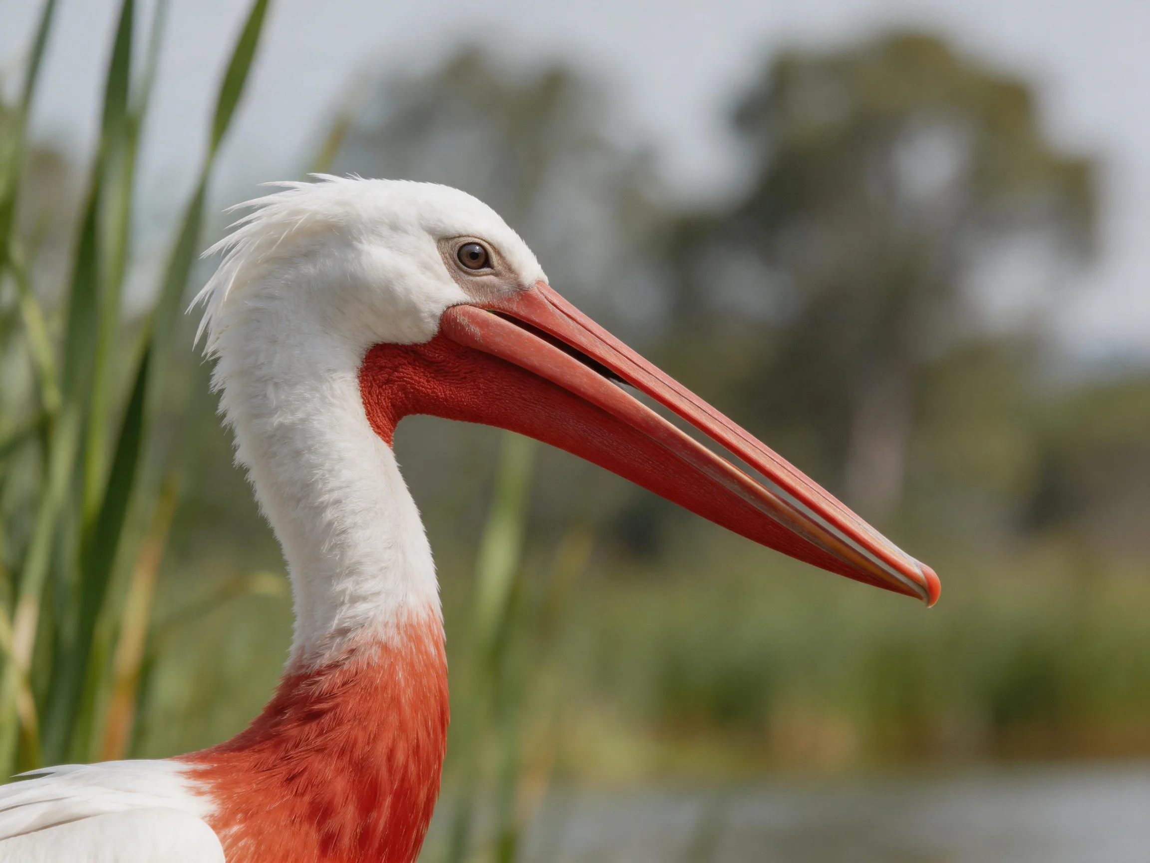 A white and reddish bird with a long orange beak near tall green reeds