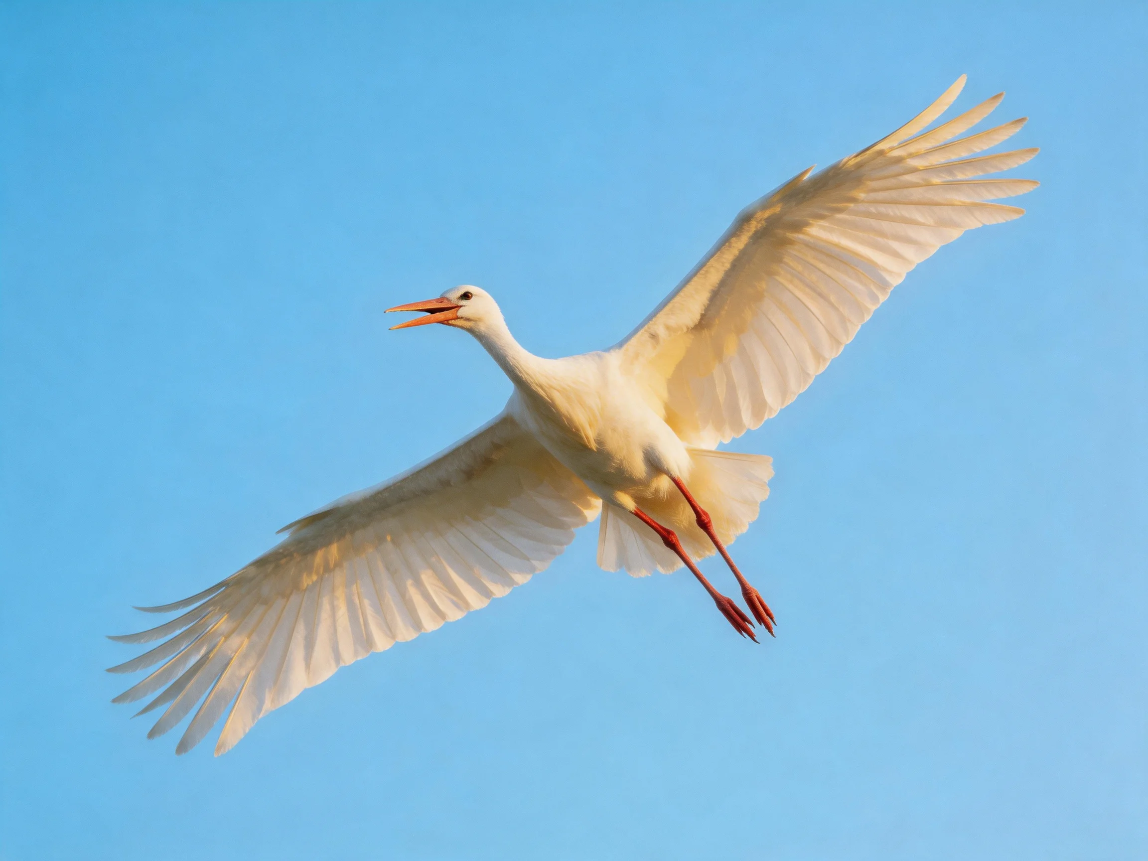 A white bird flies withoutstretched wings against clear blue sky