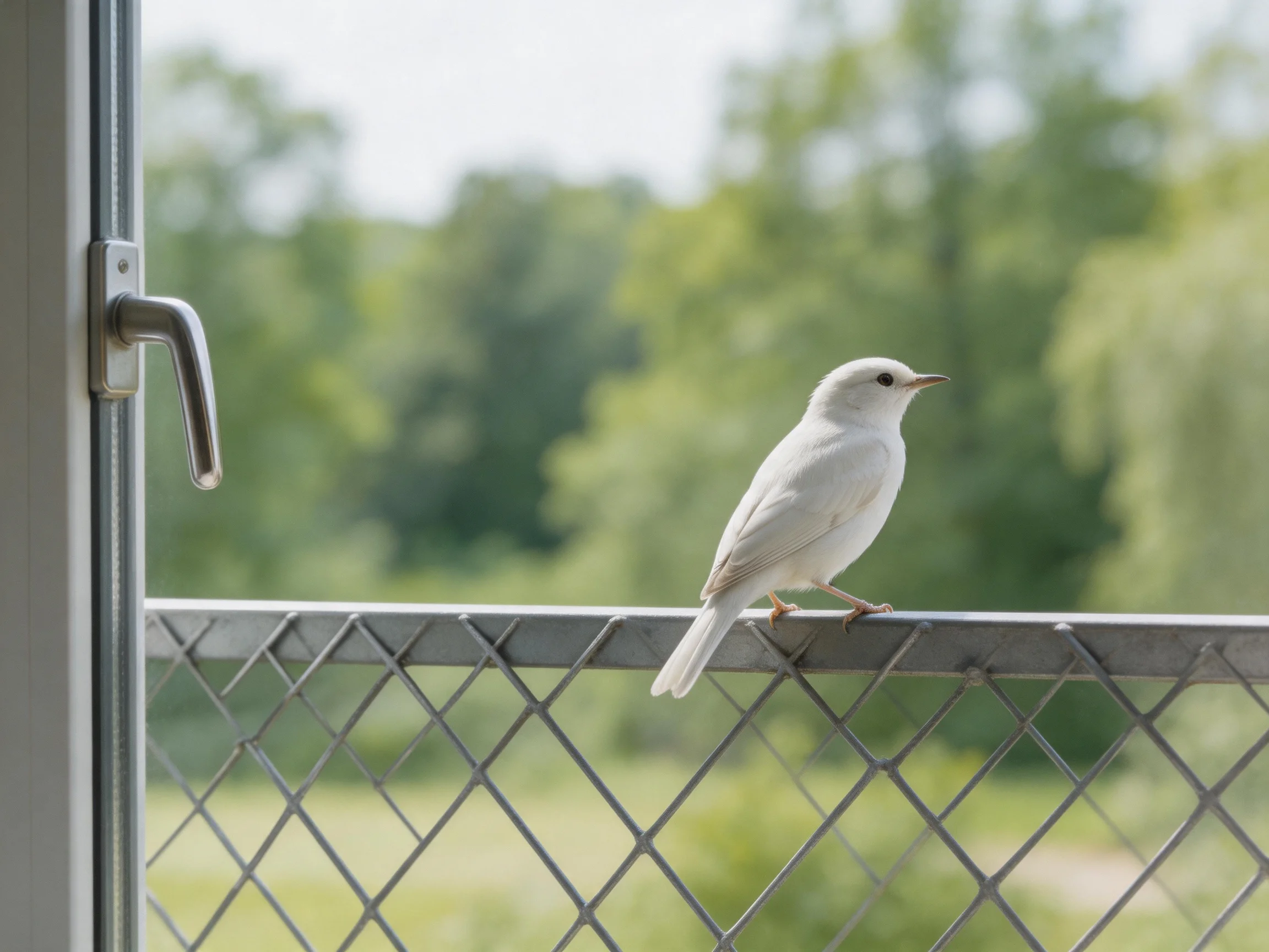 A white bird perches on a metal fence near an open door