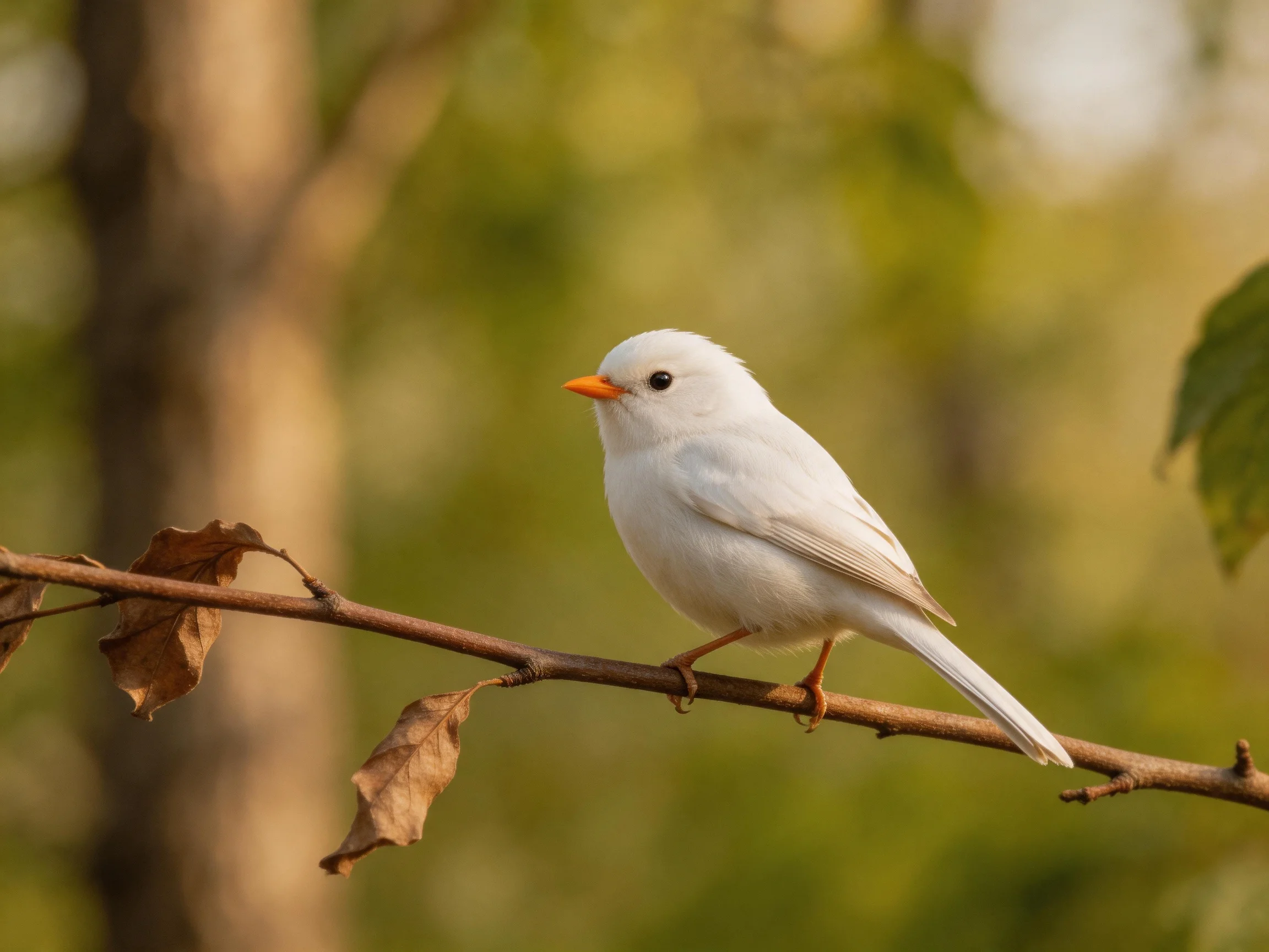 A white bird with an orange beak perches on a branch with dry leaves