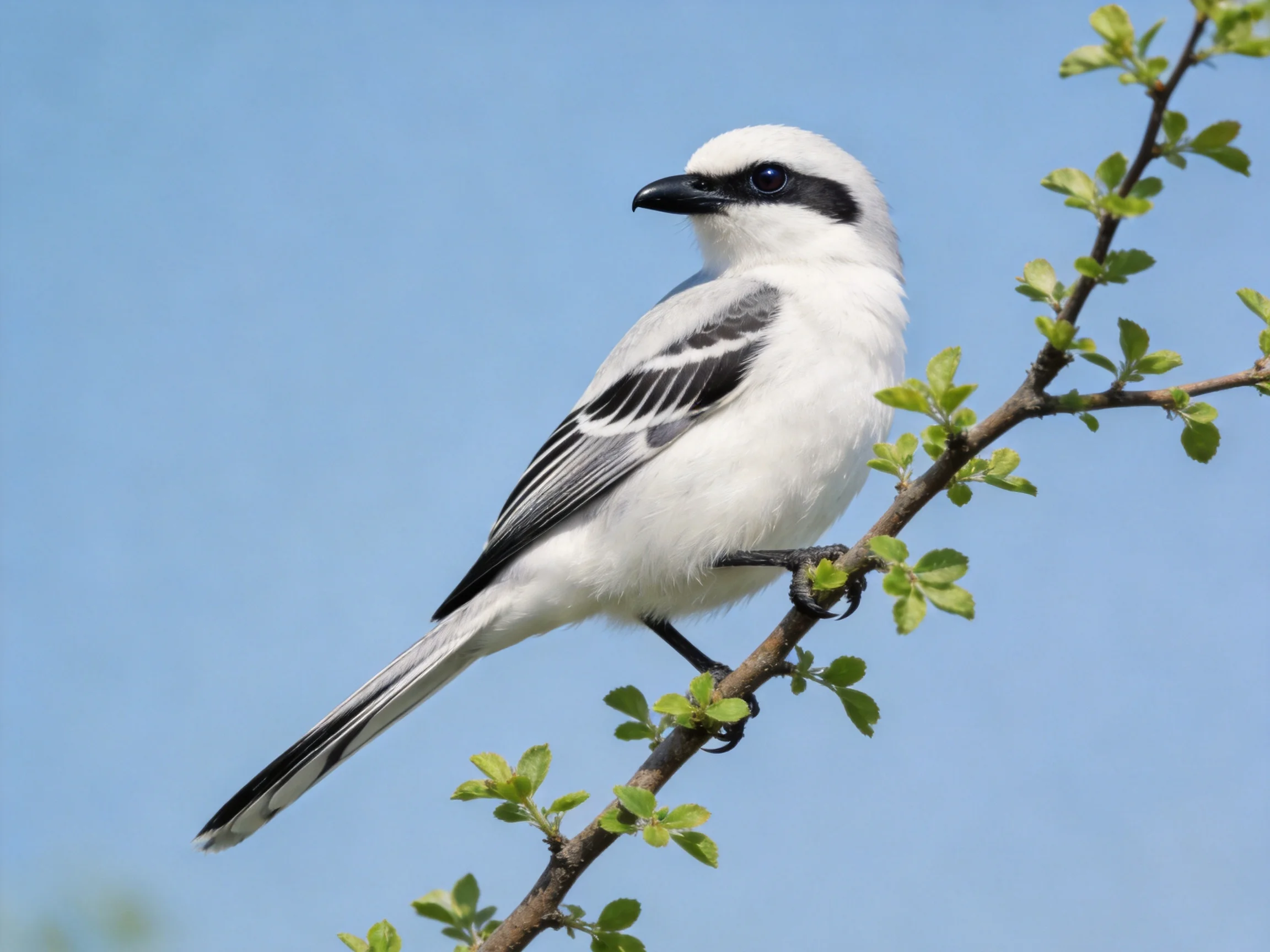 A white bird with black markings perches on a leafy branch against blue sky