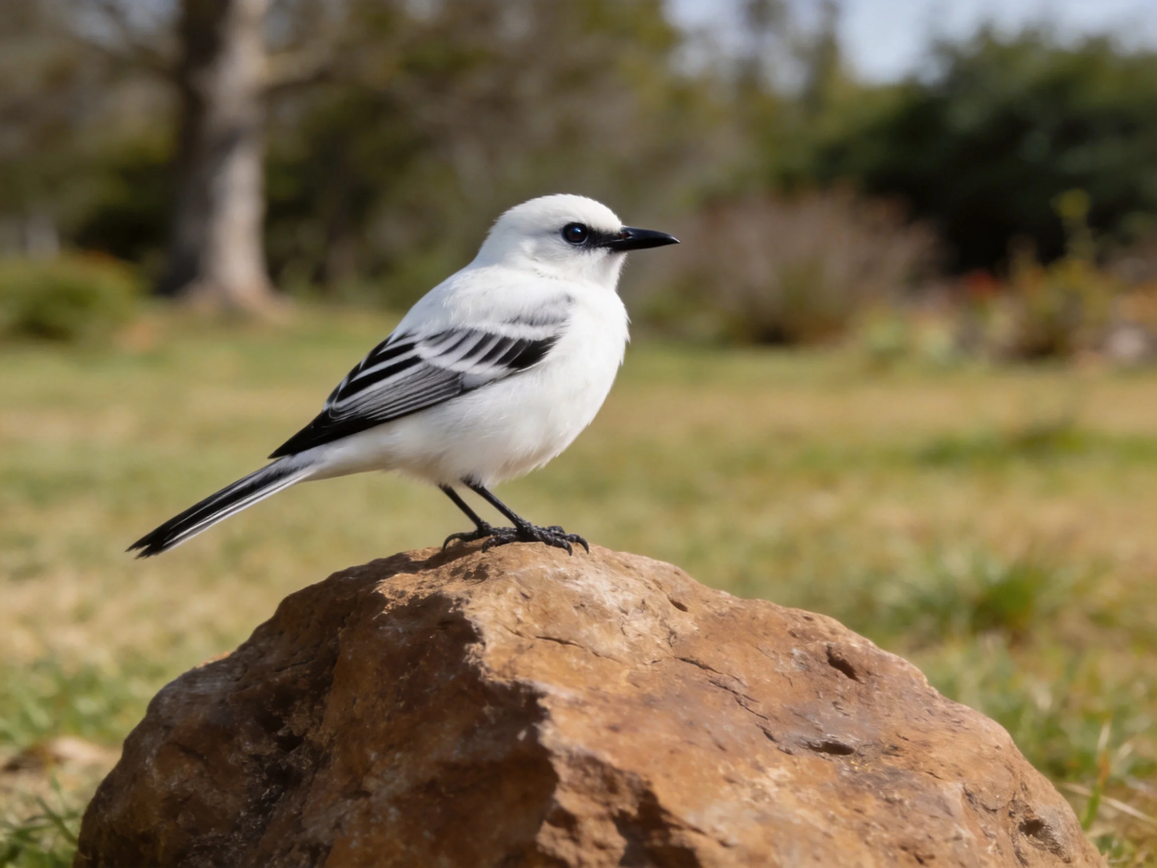 A white bird with black wing patterns perches on a brown rock
