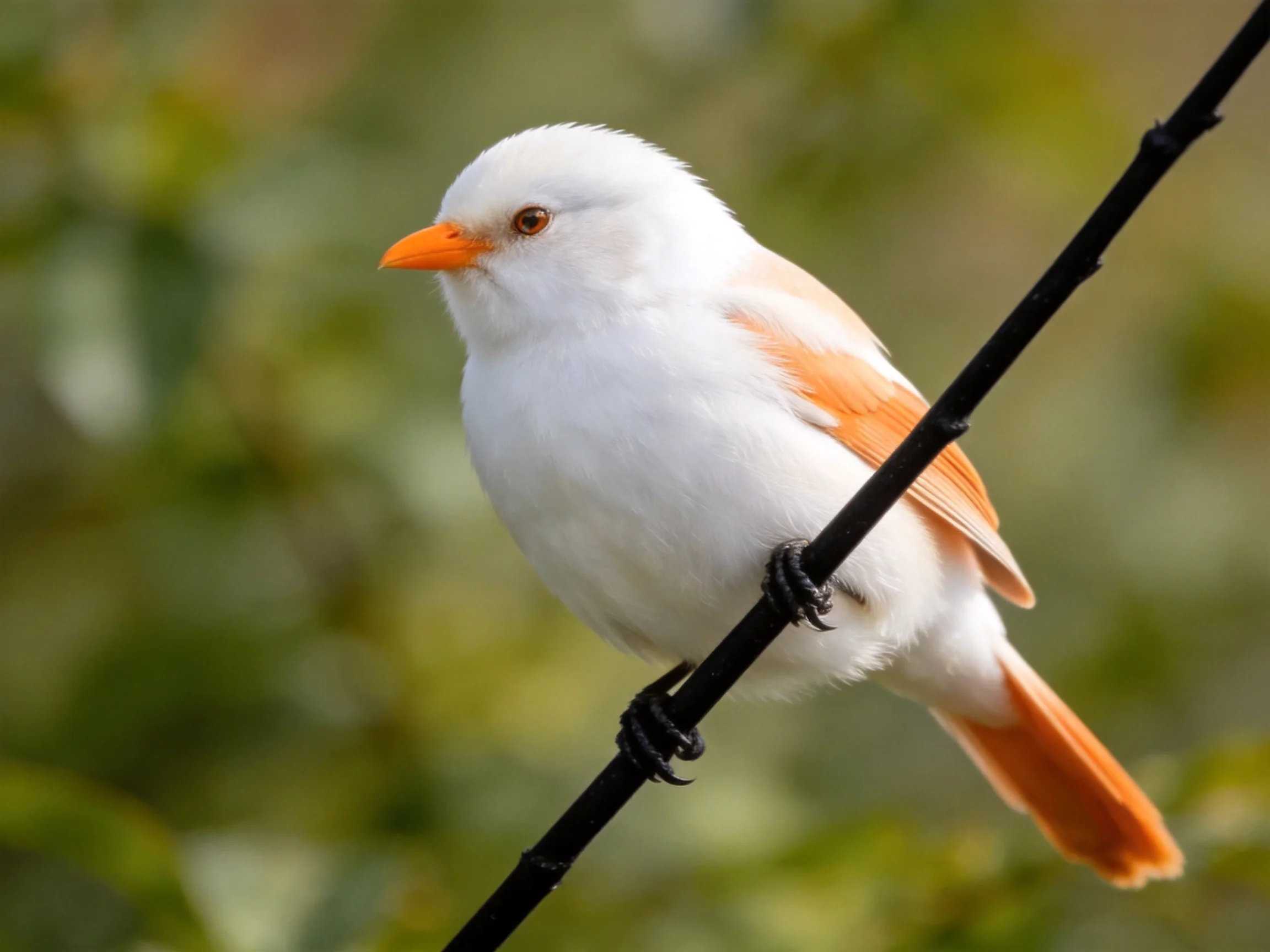 A white bird with orange wings and tail perched on a black wire