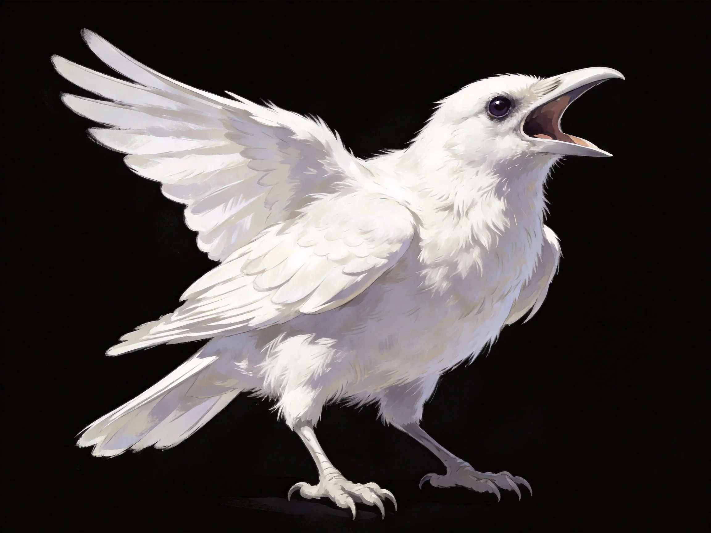 A white bird with outstretched wings on a black backdrop
