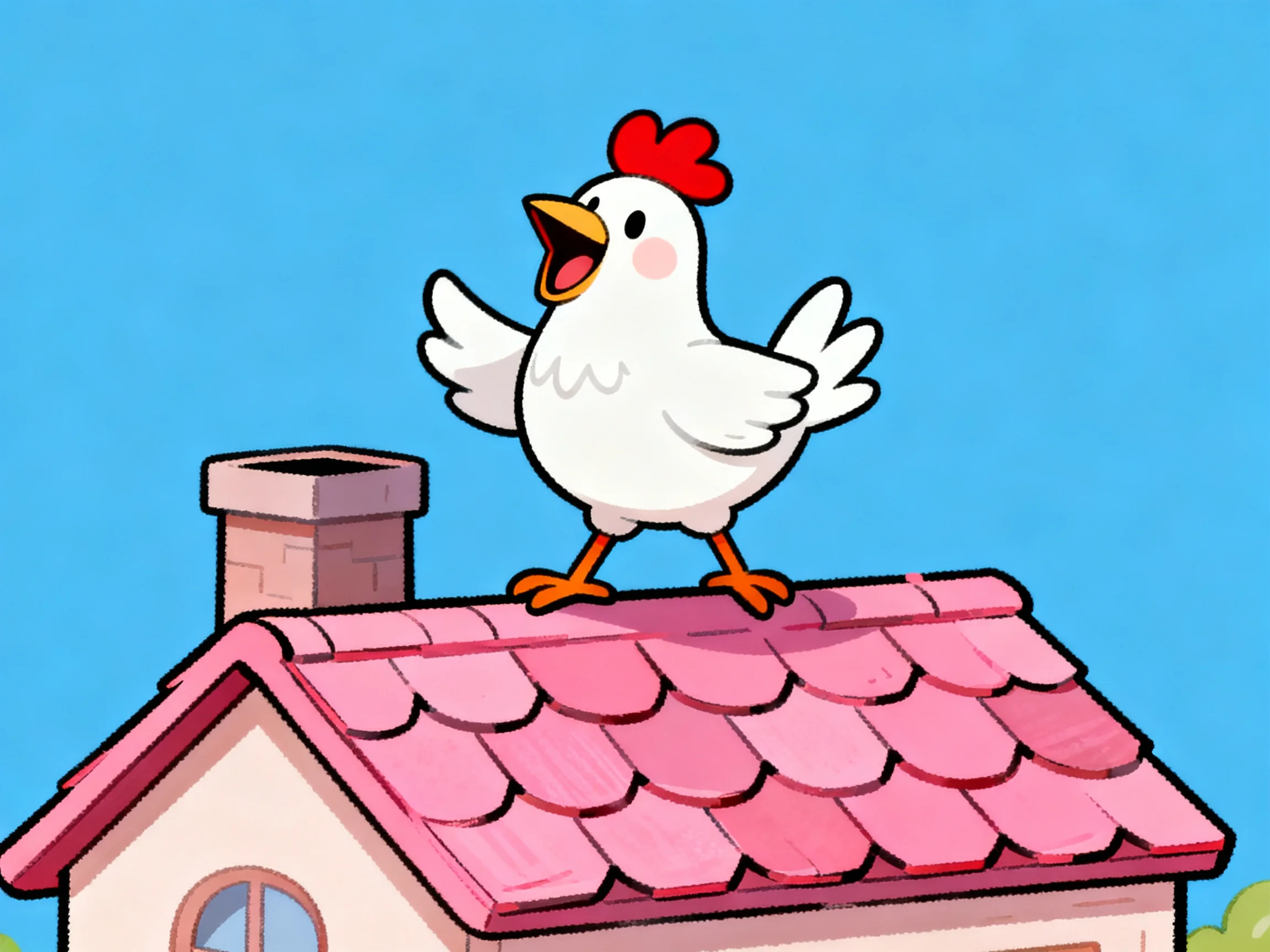 A white cartoon chicken stands on a pink-tiled roof under a clear blue sky