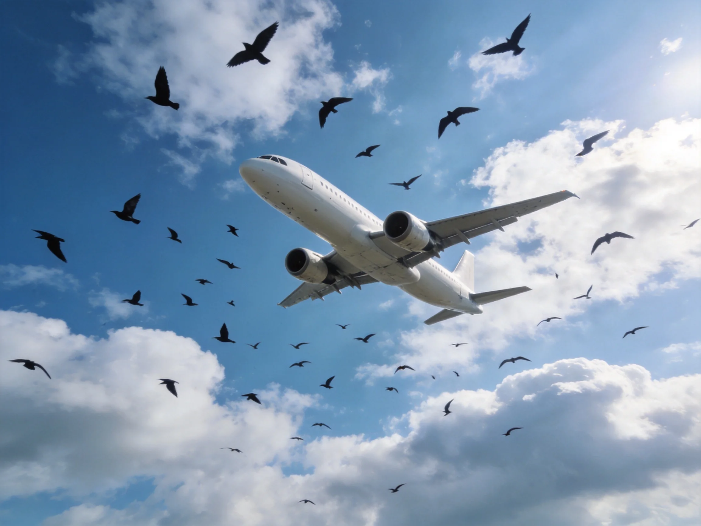 A white commercial jet flies among many birds in a bright blue sky with scattered clouds.