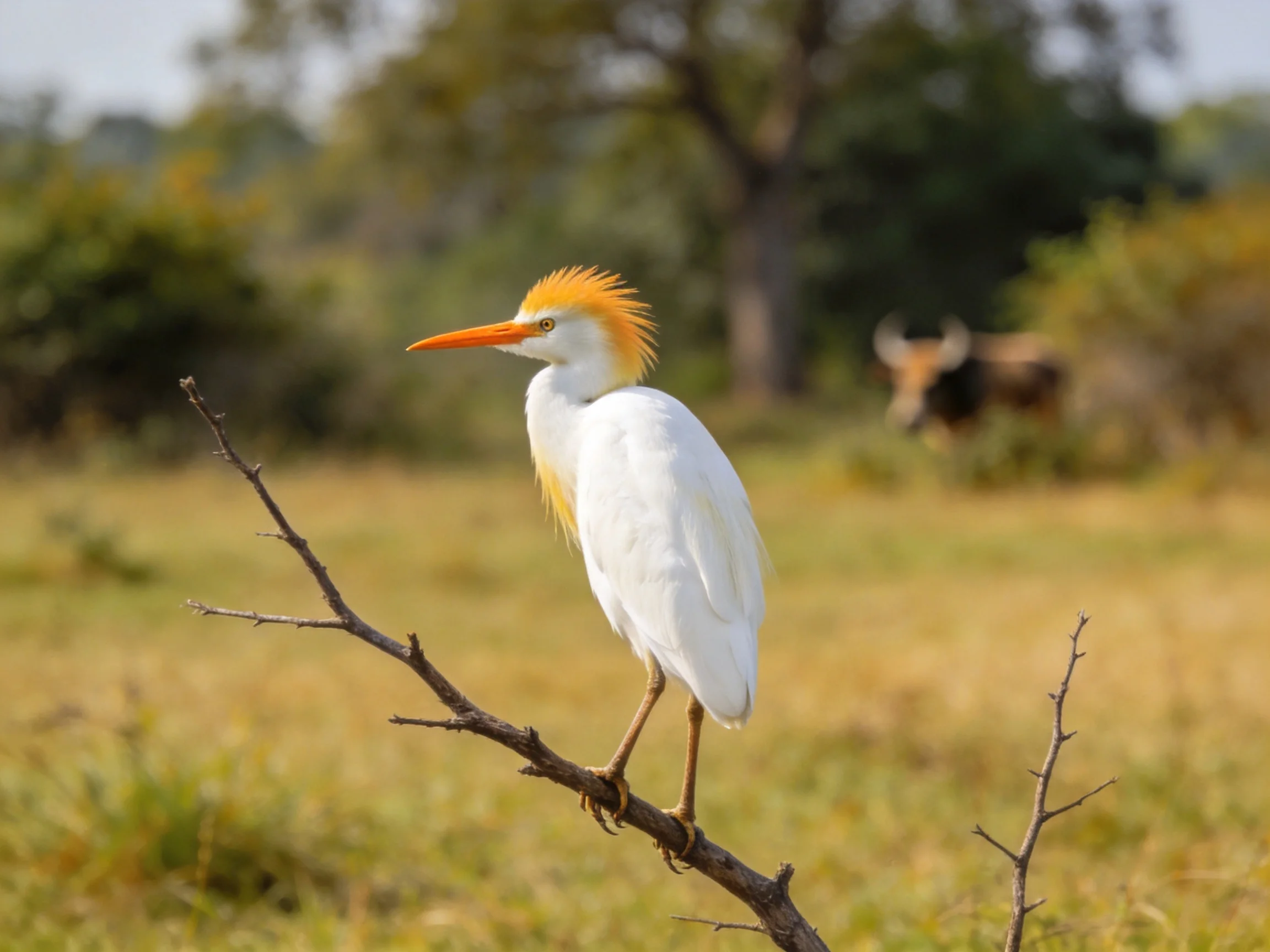 A white crested bird with an orange beak perches on a thin branch