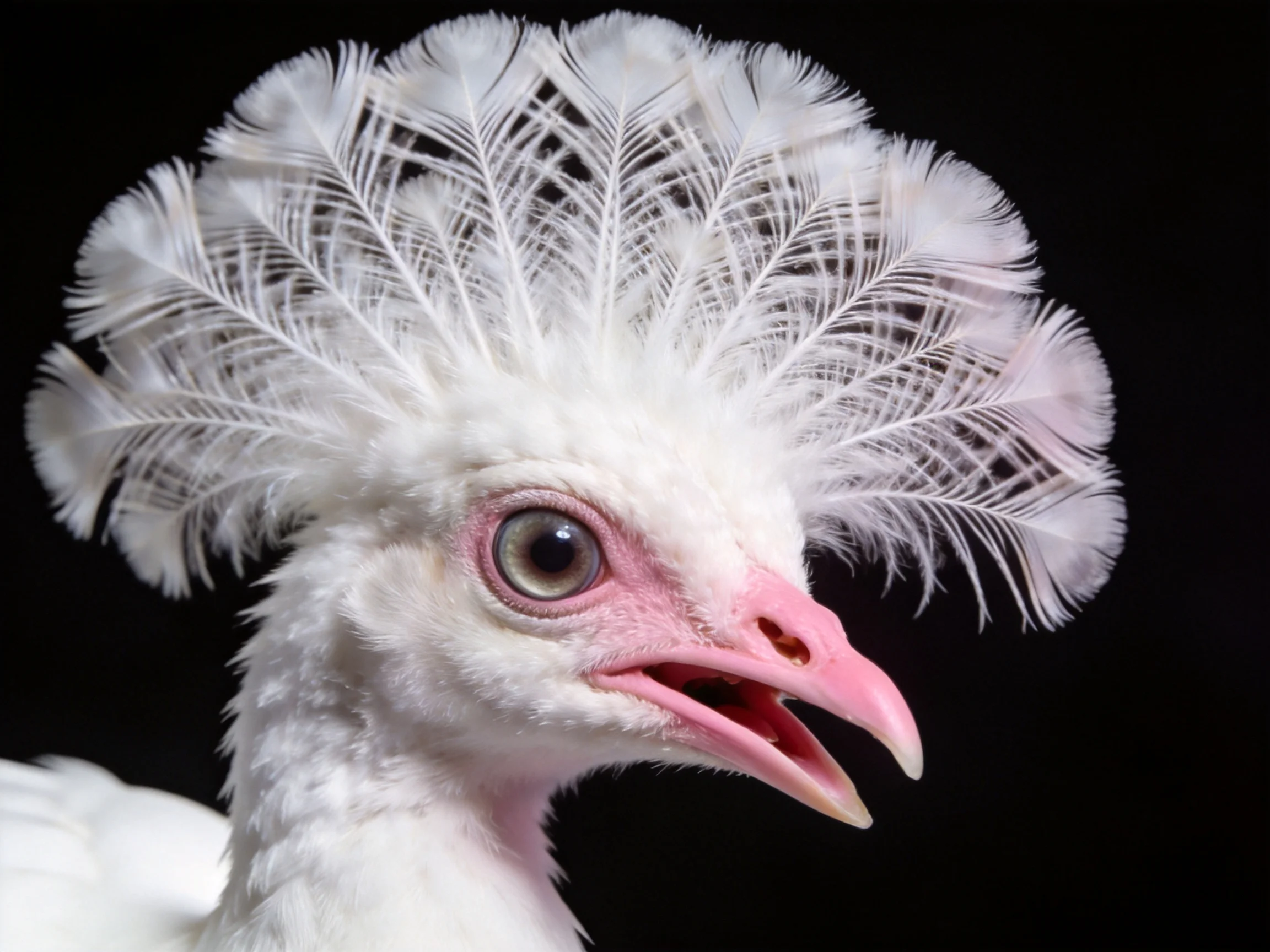 A white crested bird with pink beak against a black background
