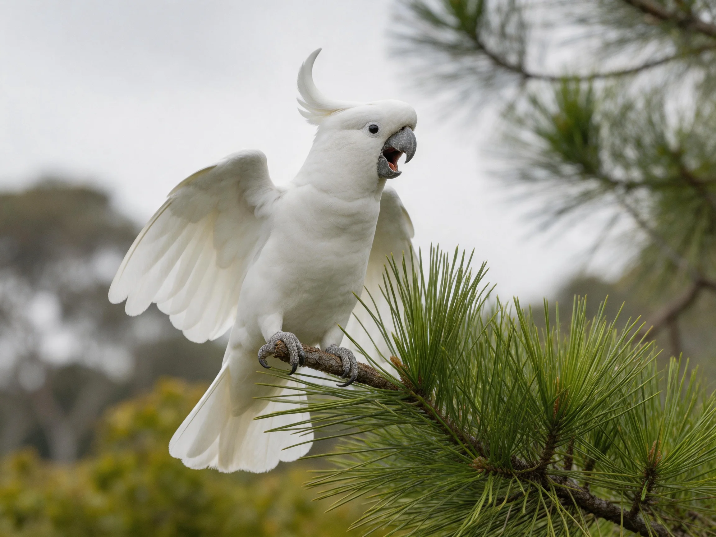 A white crested cockatoo spreading wings on a pine branch