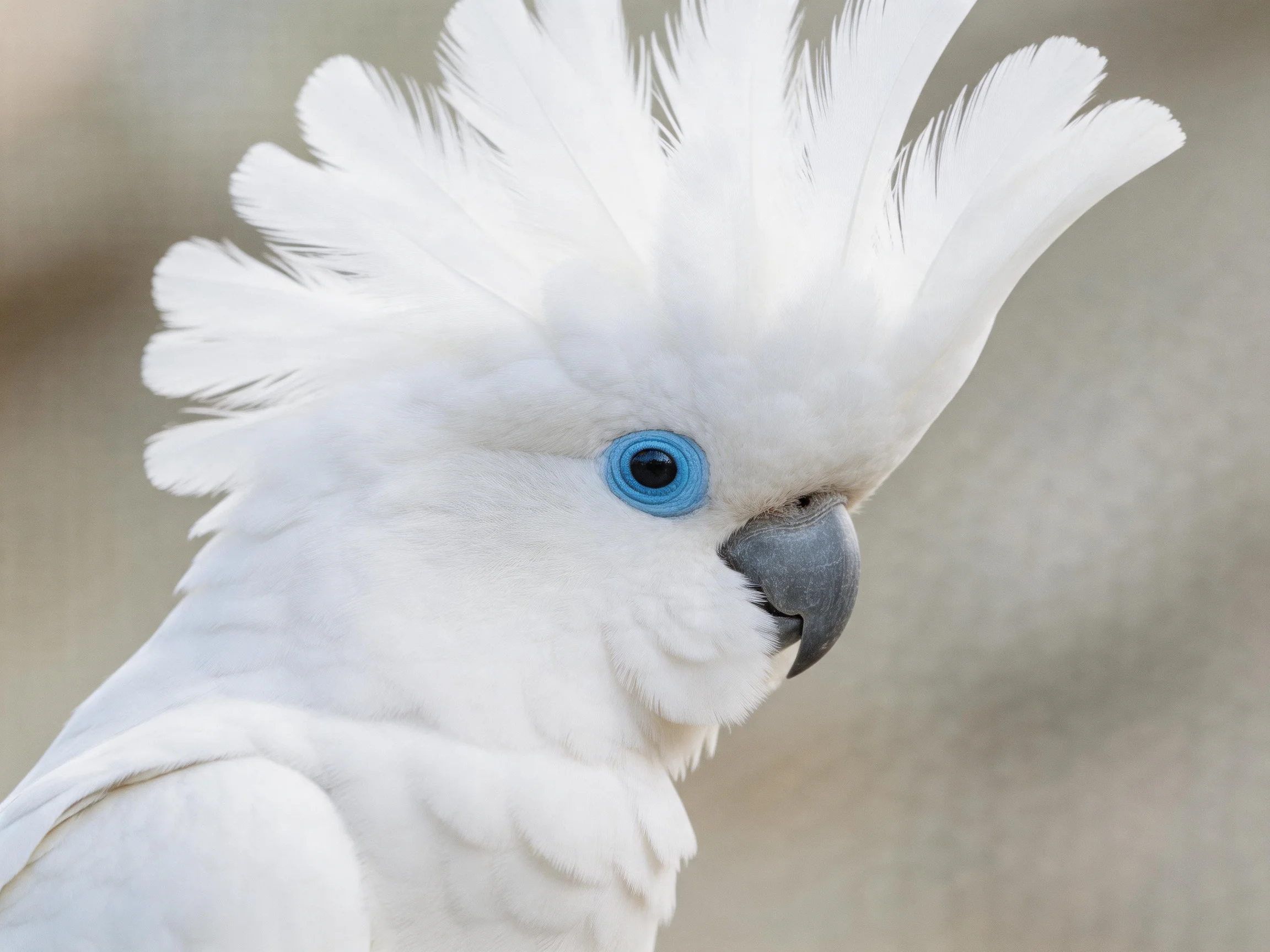 A white crested cockatoo with bright blue eye and gray beak