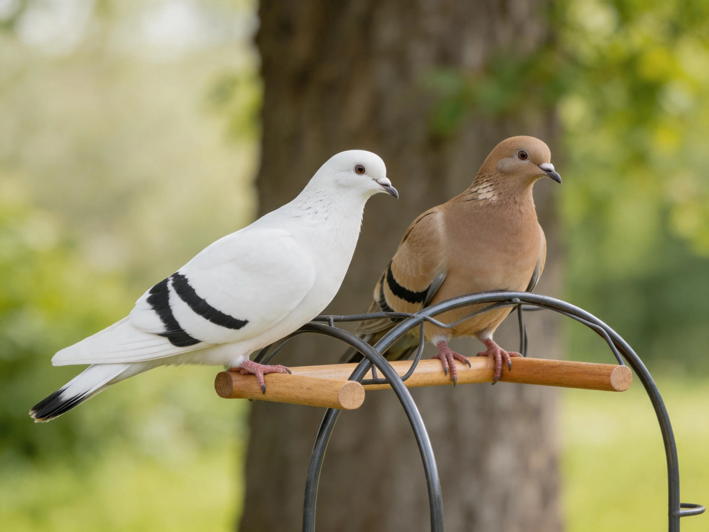 A white dove and a brown dove perch together on a wooden bird feeder
