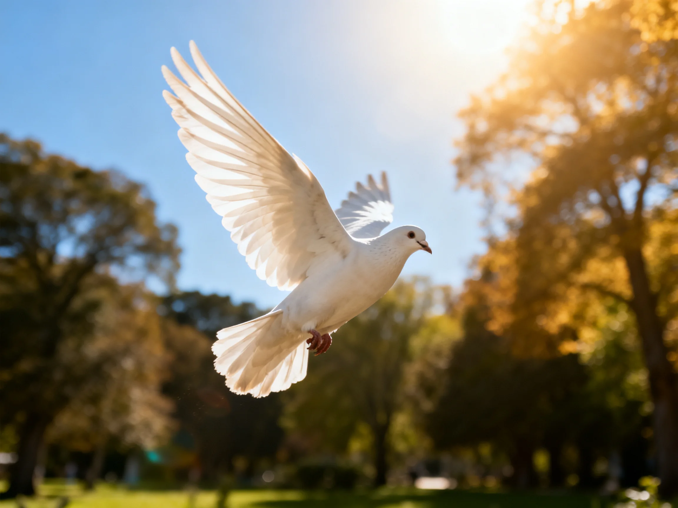 A white dove flies amid sunlit autumn trees