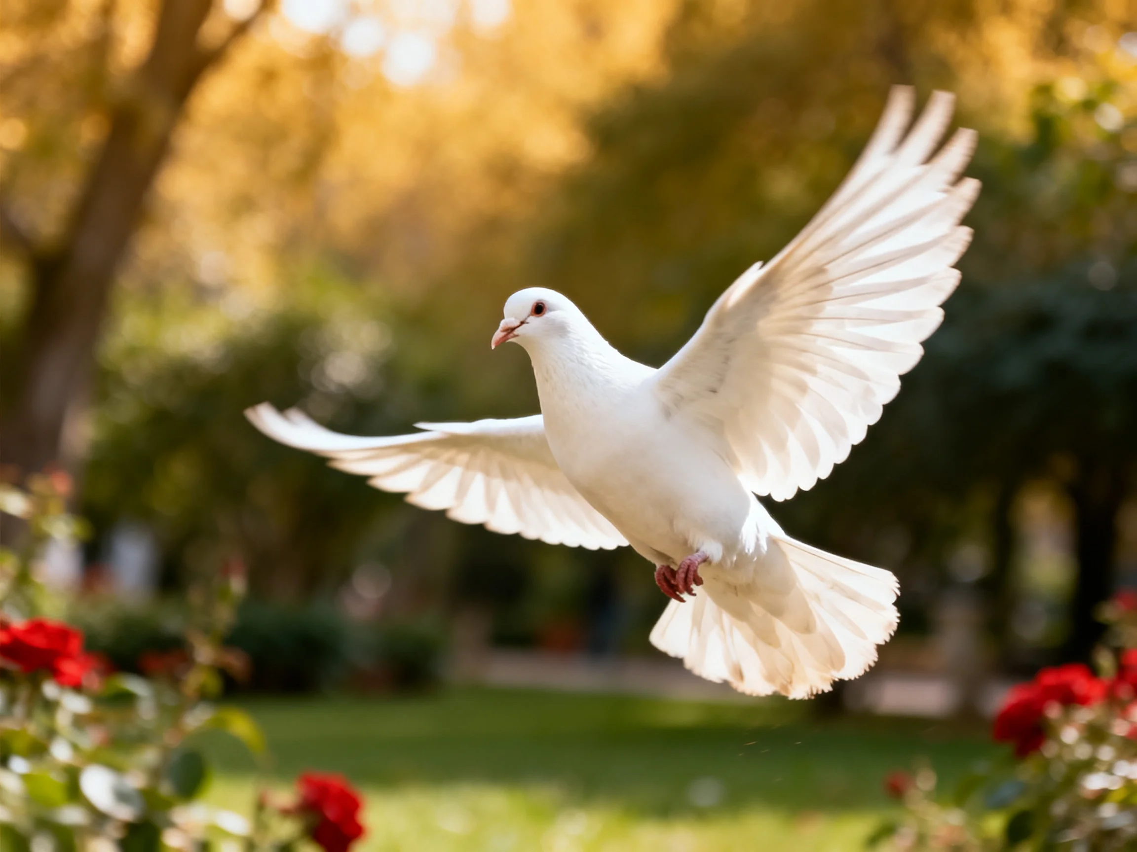 A white dove flies over a flower-filled garden with golden trees
