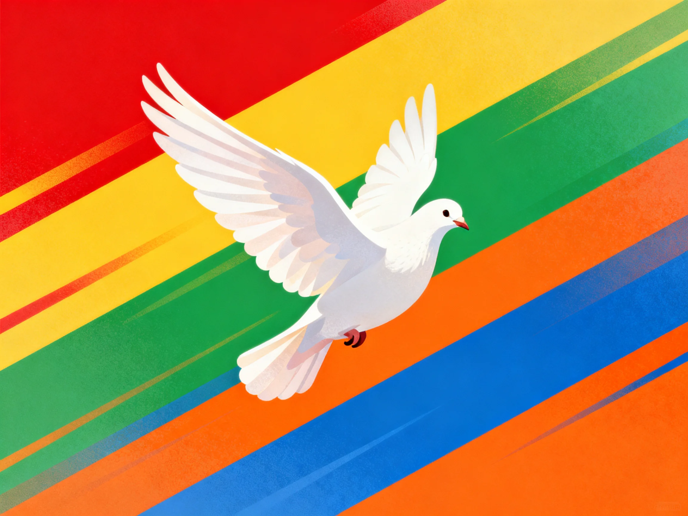 A white dove flies through bold diagonal rainbow stripes