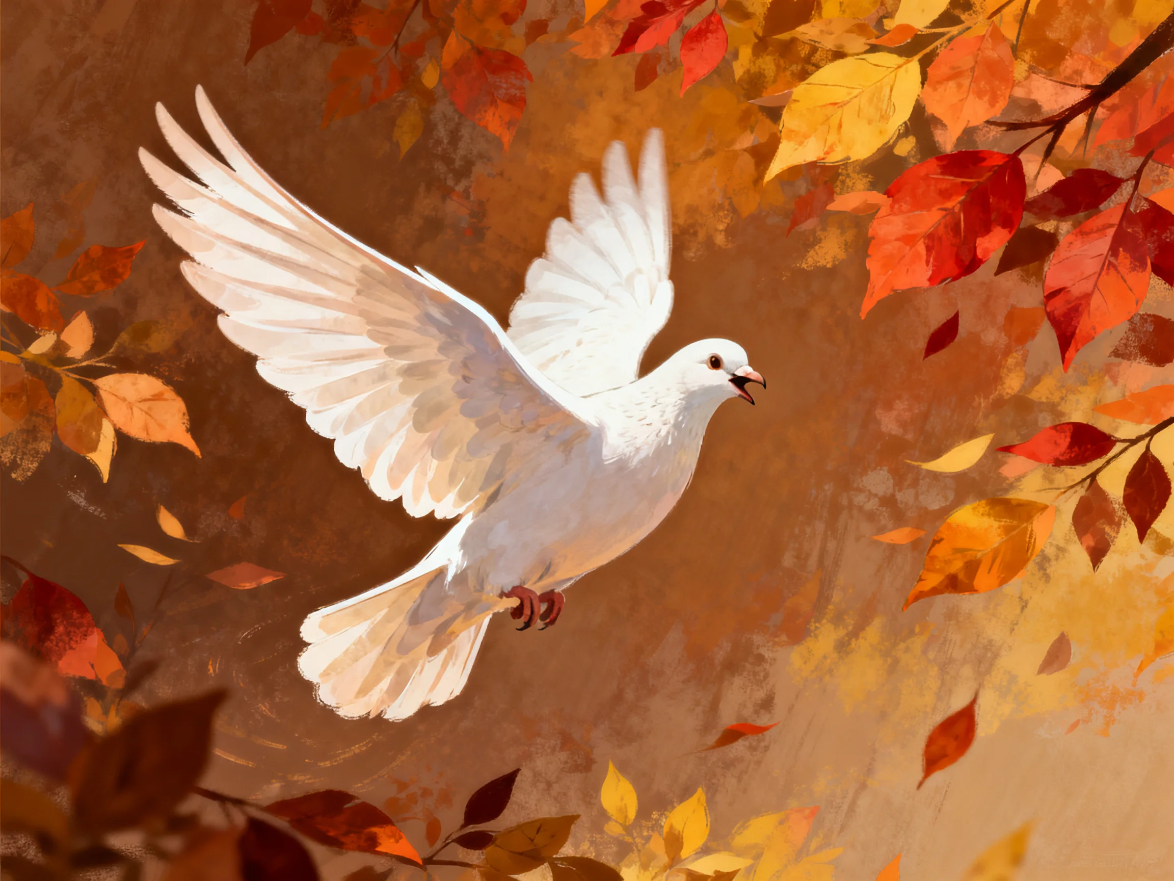 A white dove flies through vibrant autumn leaves with warm-toned foliage