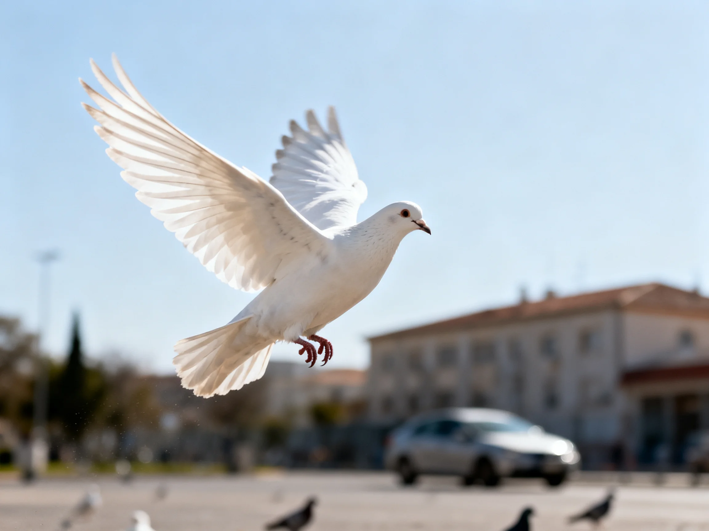 A white dove soaring mid-air over an urban plaza