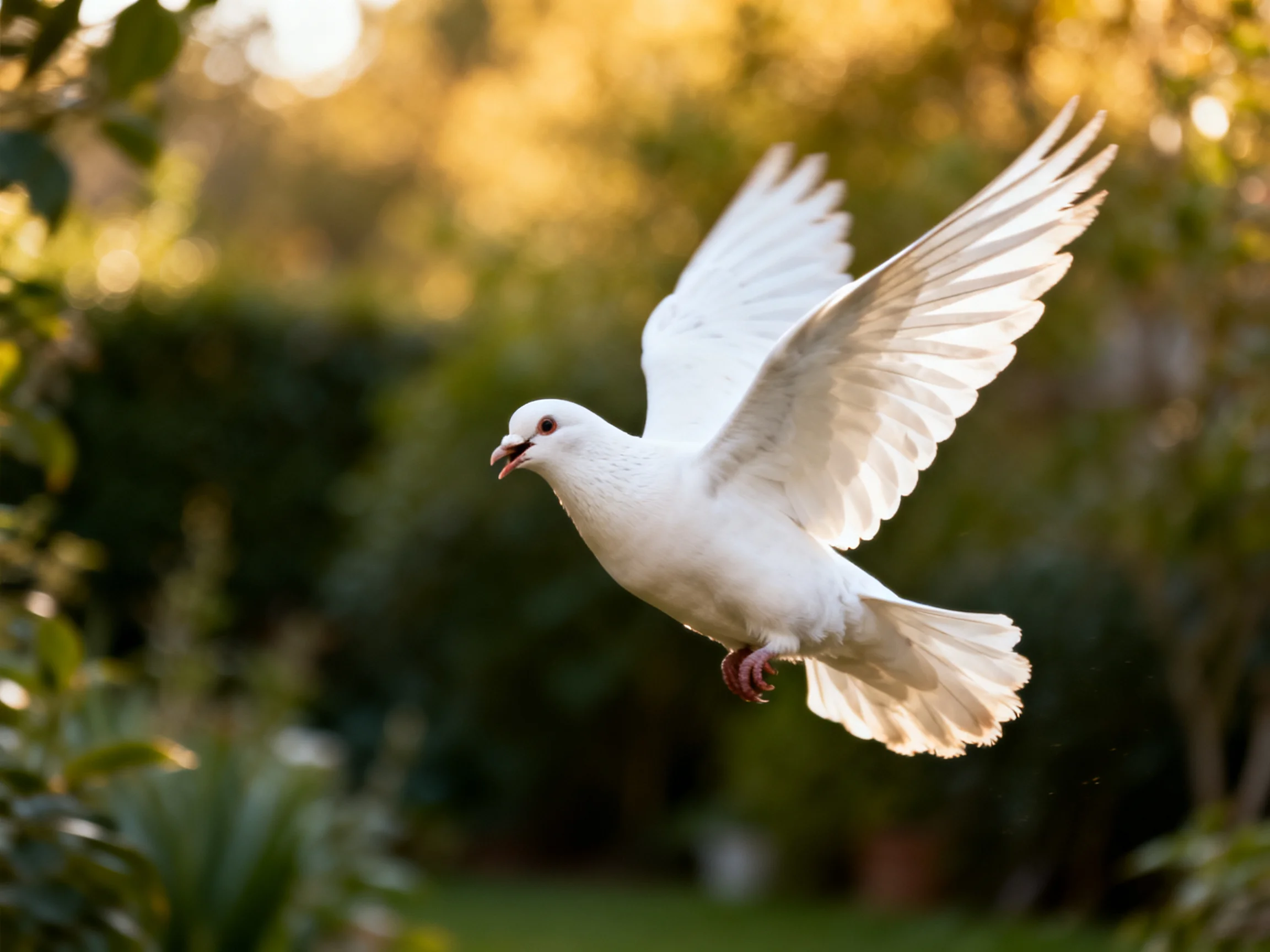 A white dove soaring through a sunlit garden
