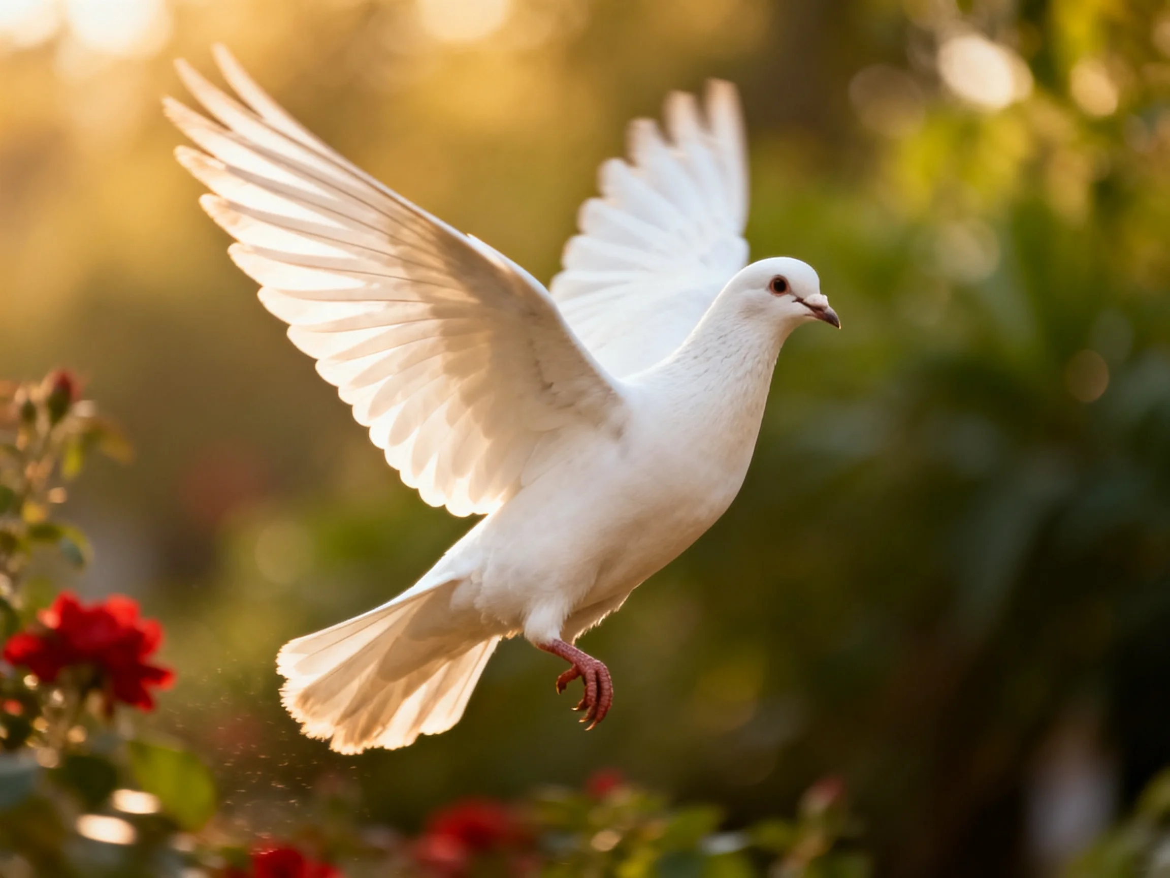 A white dove soars near vibrant red roses in golden light