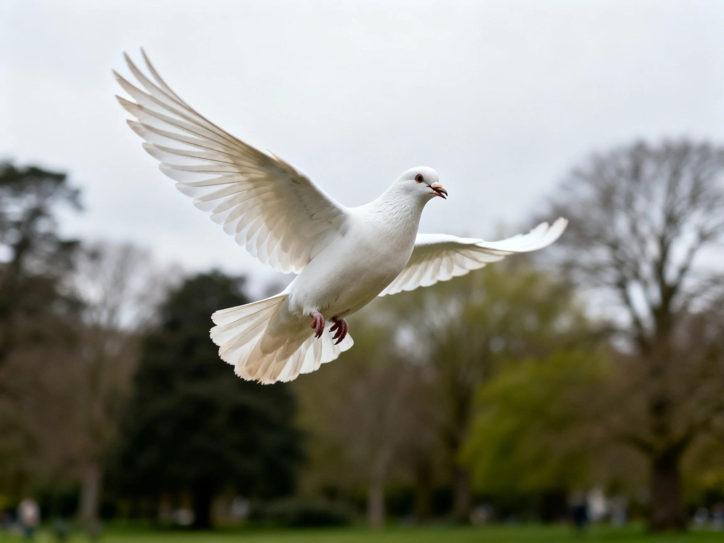 A white dove soars through a green park with trees