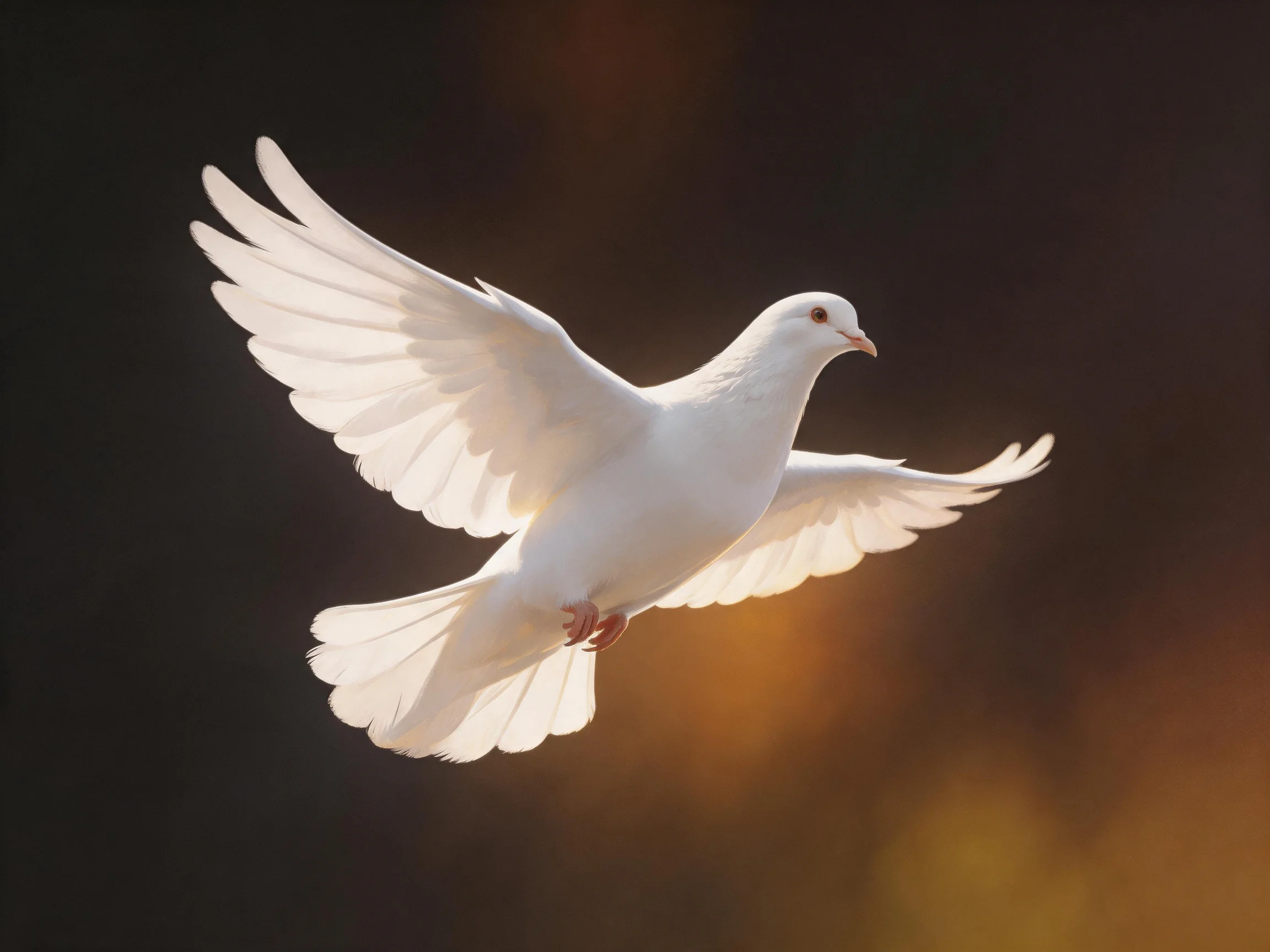 A white dove soars with outstretched wings against a dark backdrop