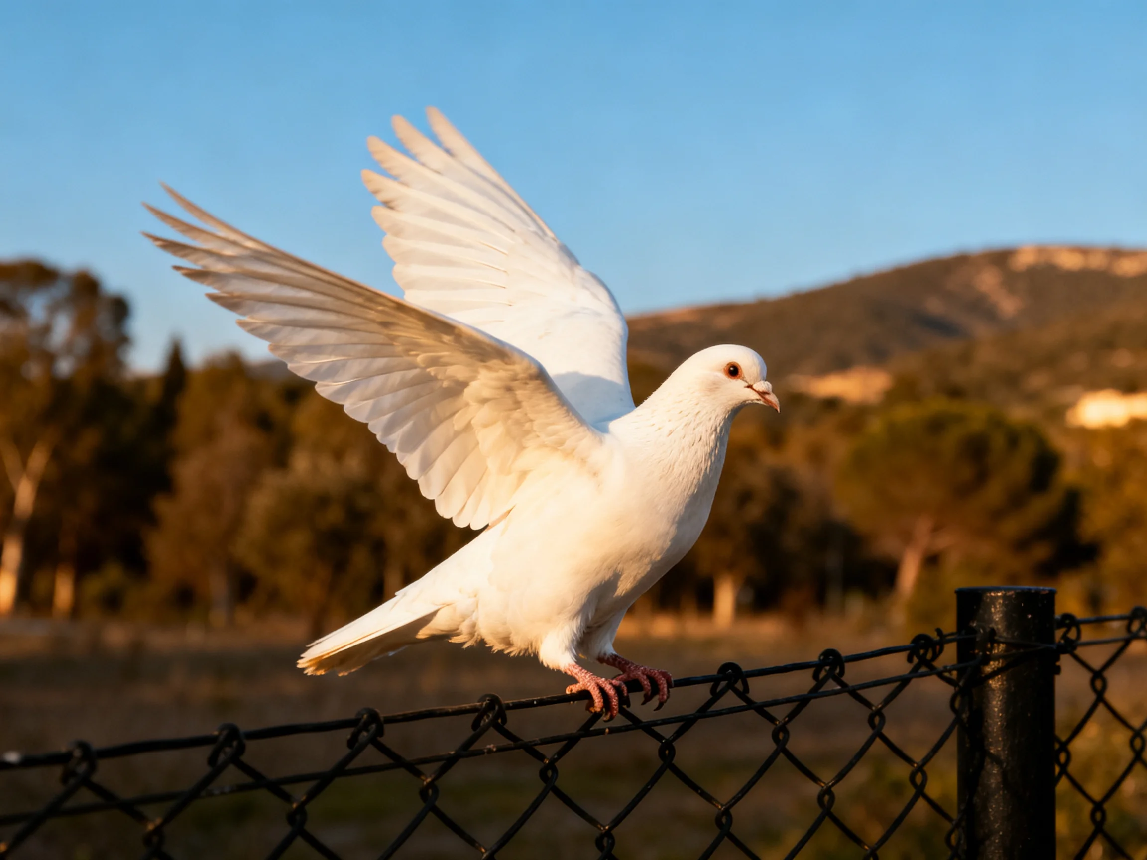 A white dove spreads wings on a black chain-link fence near trees