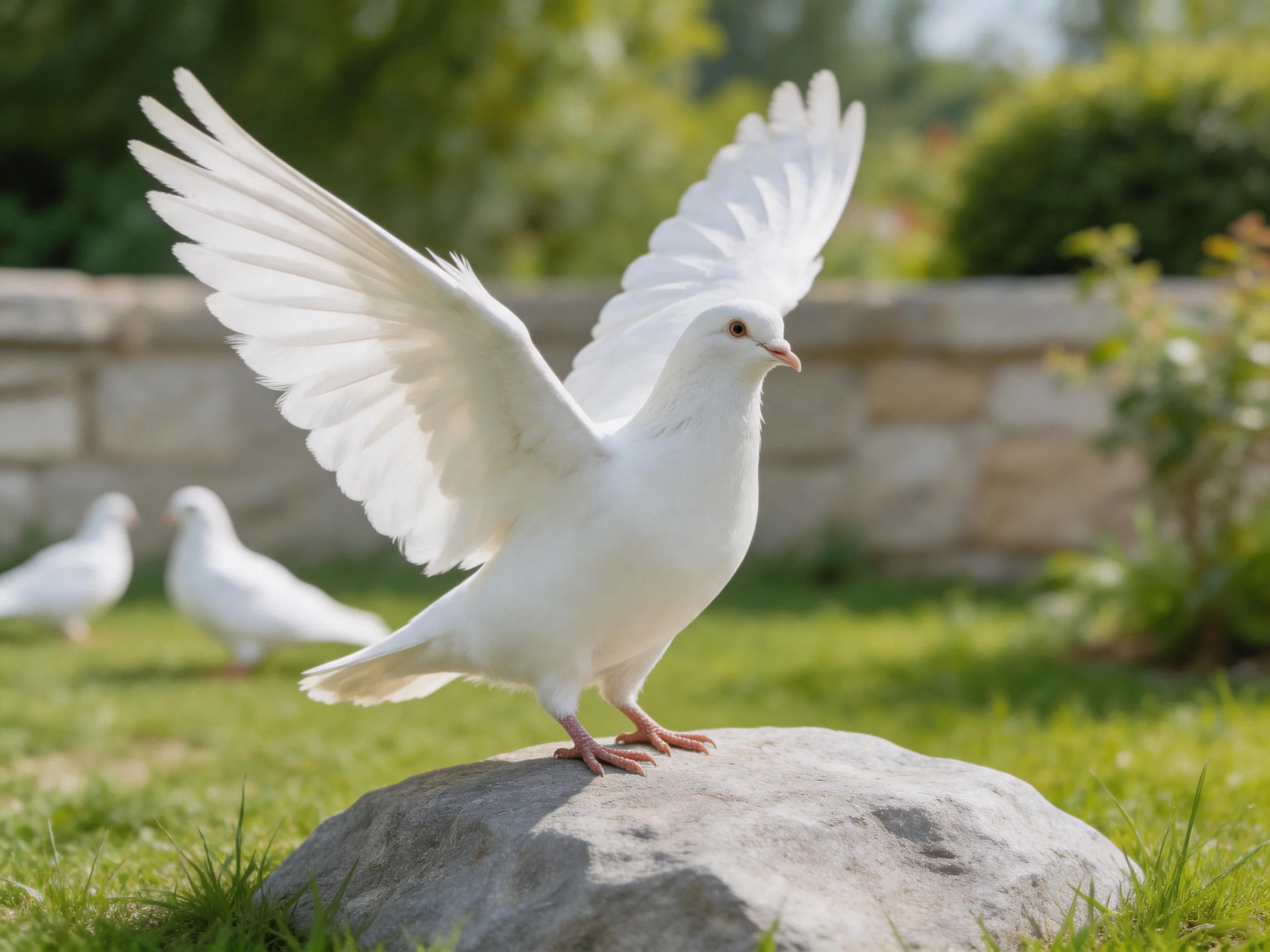 A white dove spreads wings on a gray rock near two other doves