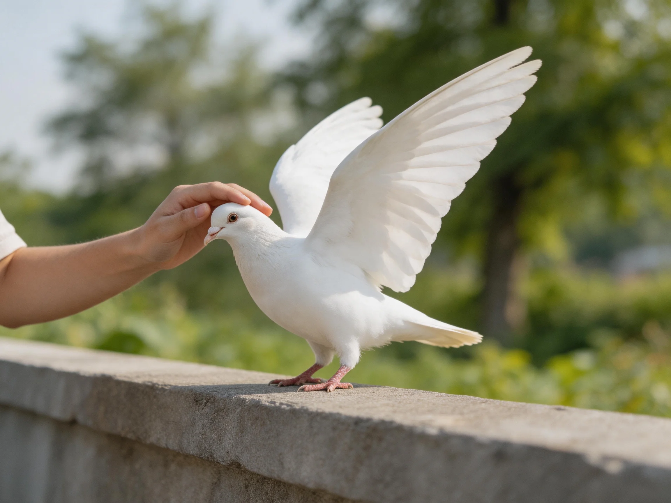 A white dove with outstretched wings on a concrete ledge