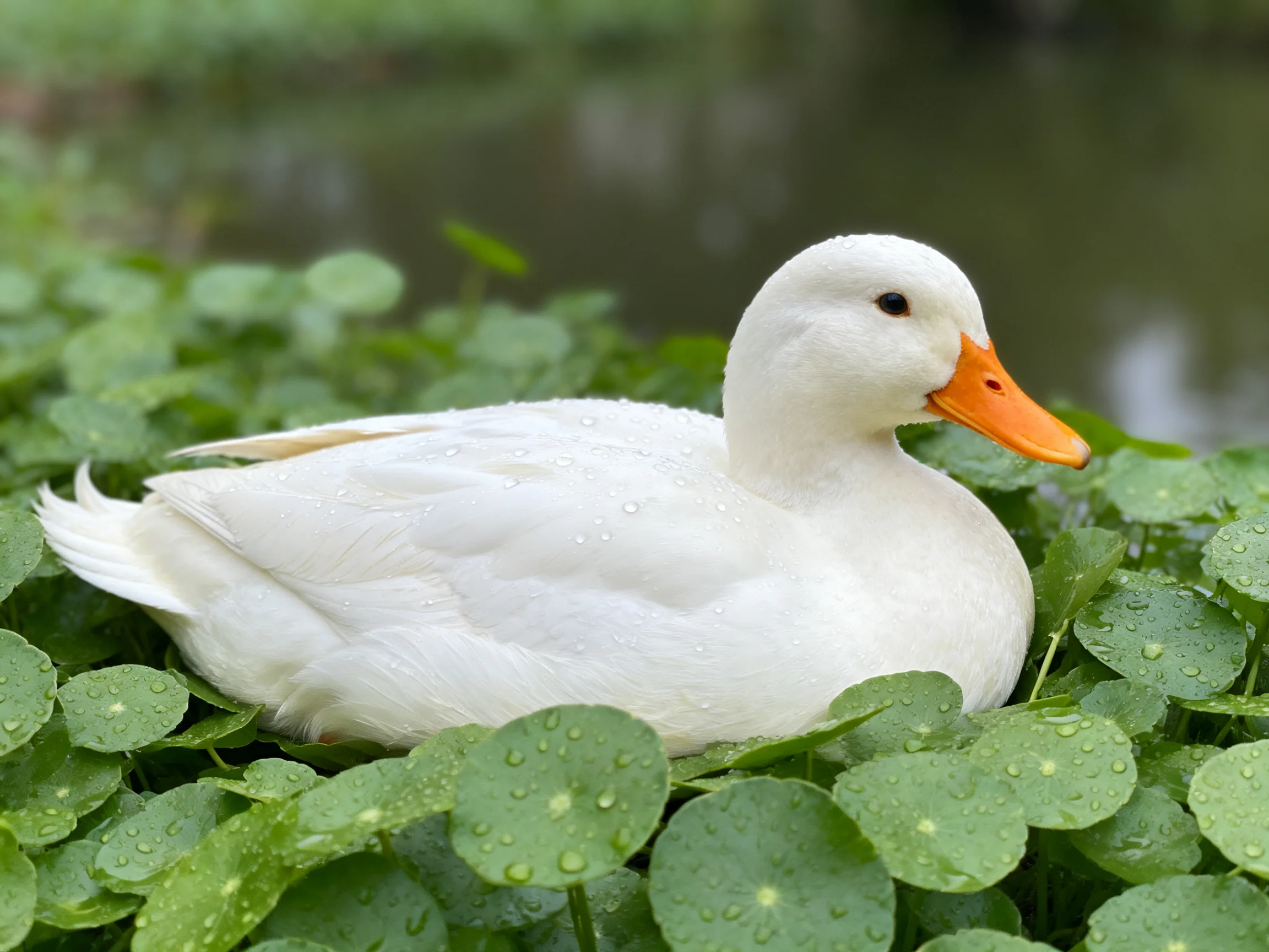 A white duck rests amid green leaves with water droplets