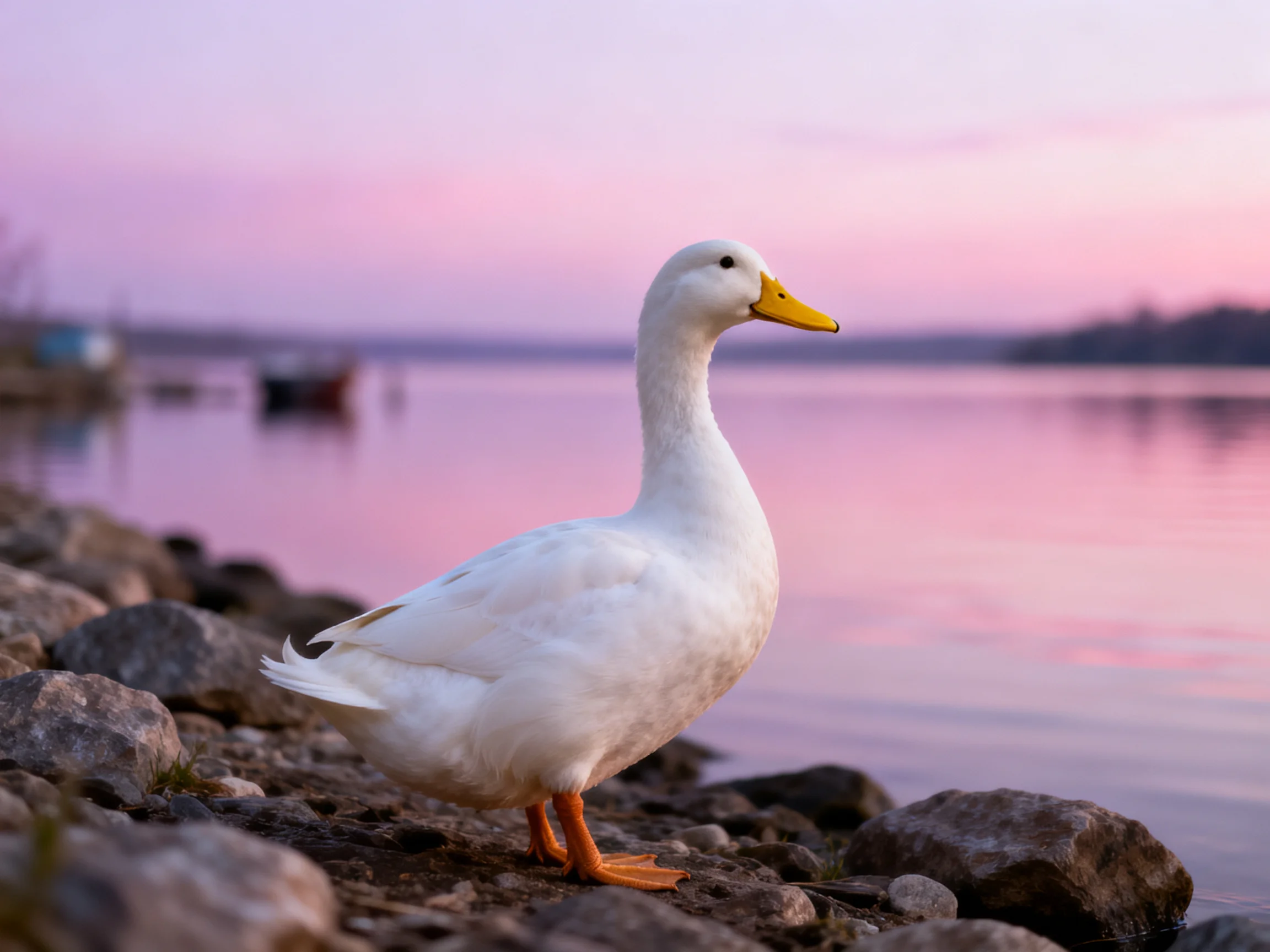 A white duck stands on a rocky shore by a pink-hued lake