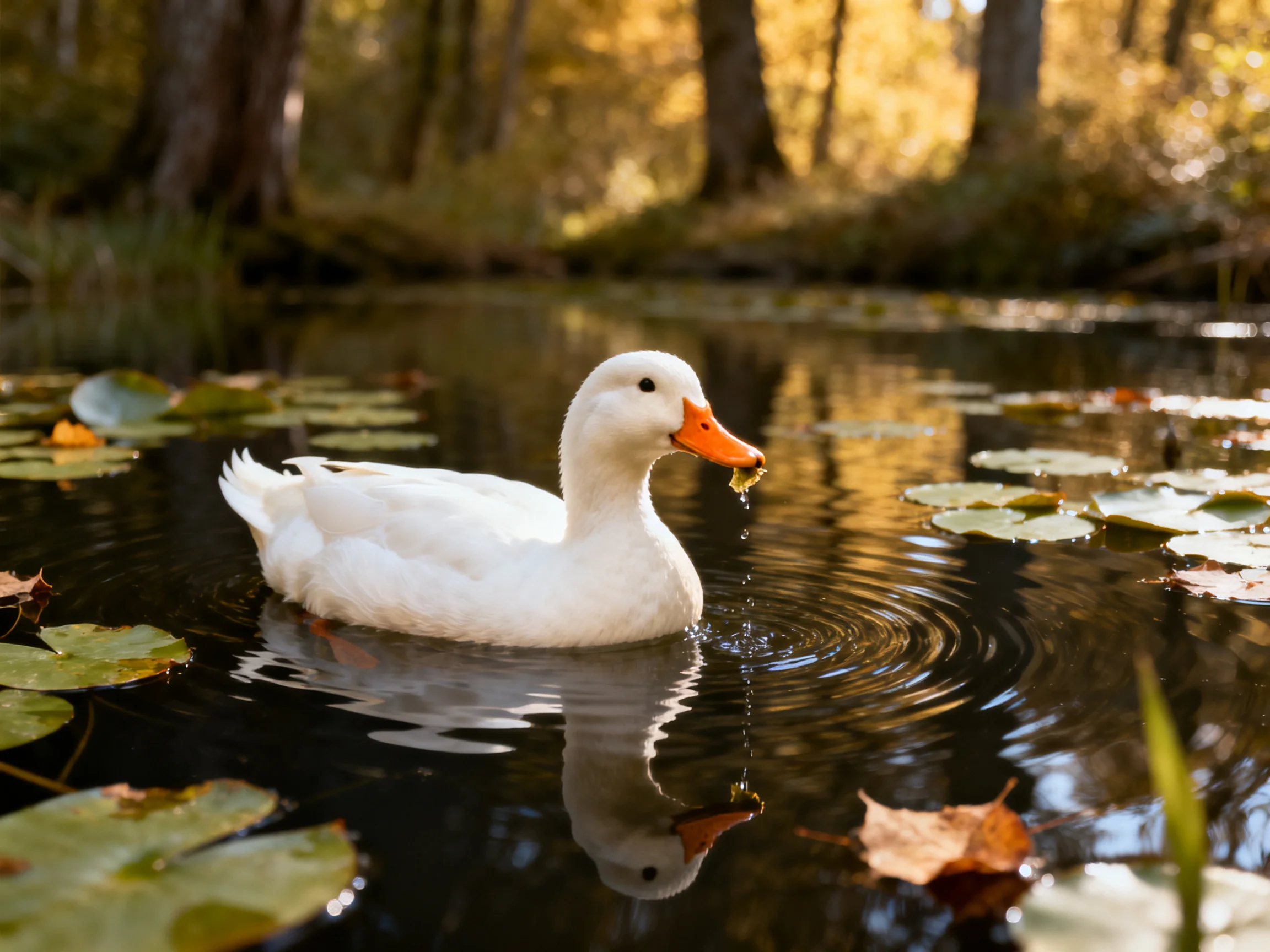 A white duck swims among lily pads in a forest pond