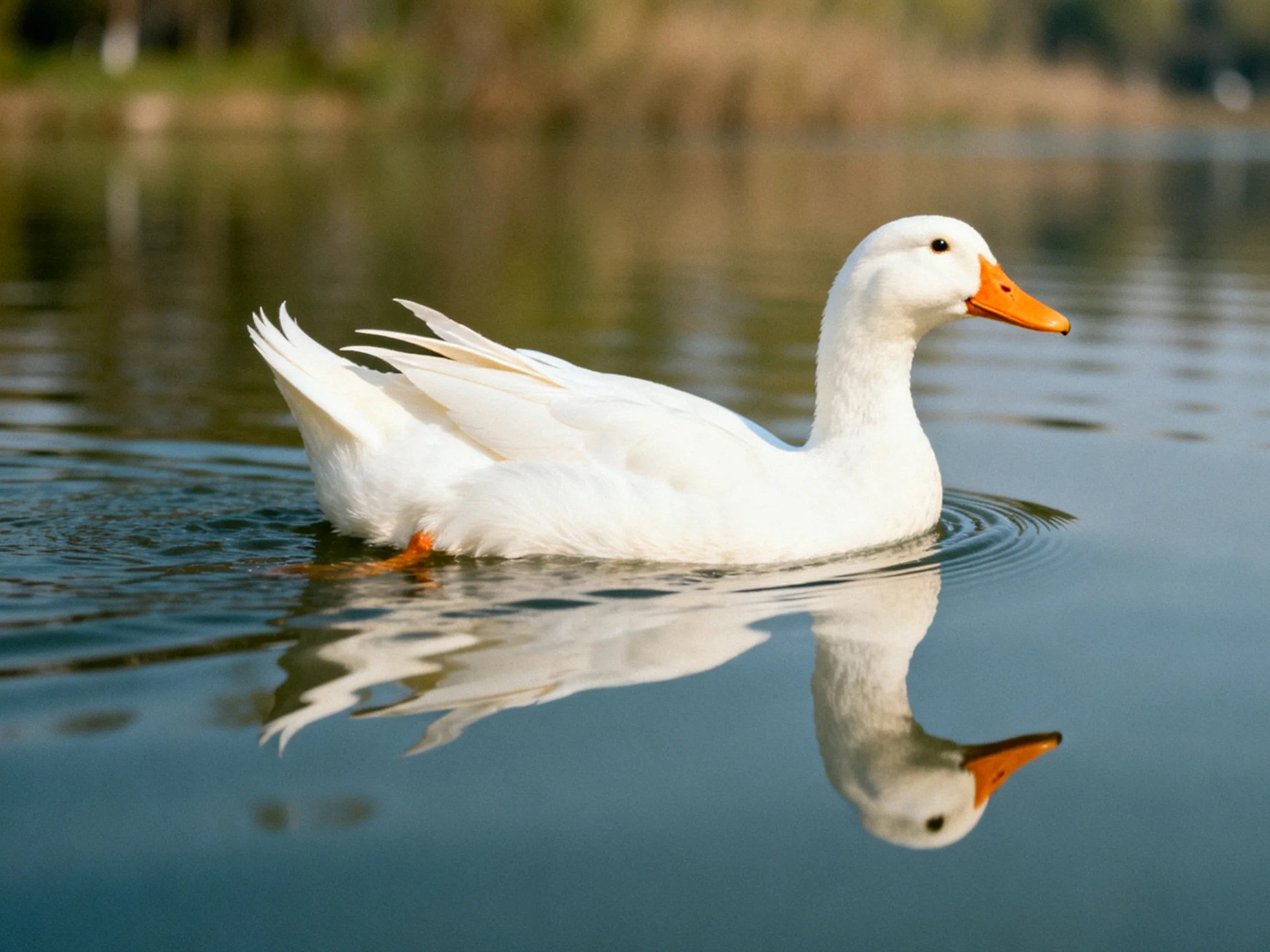 A white duck swims gracefully on calm blue water