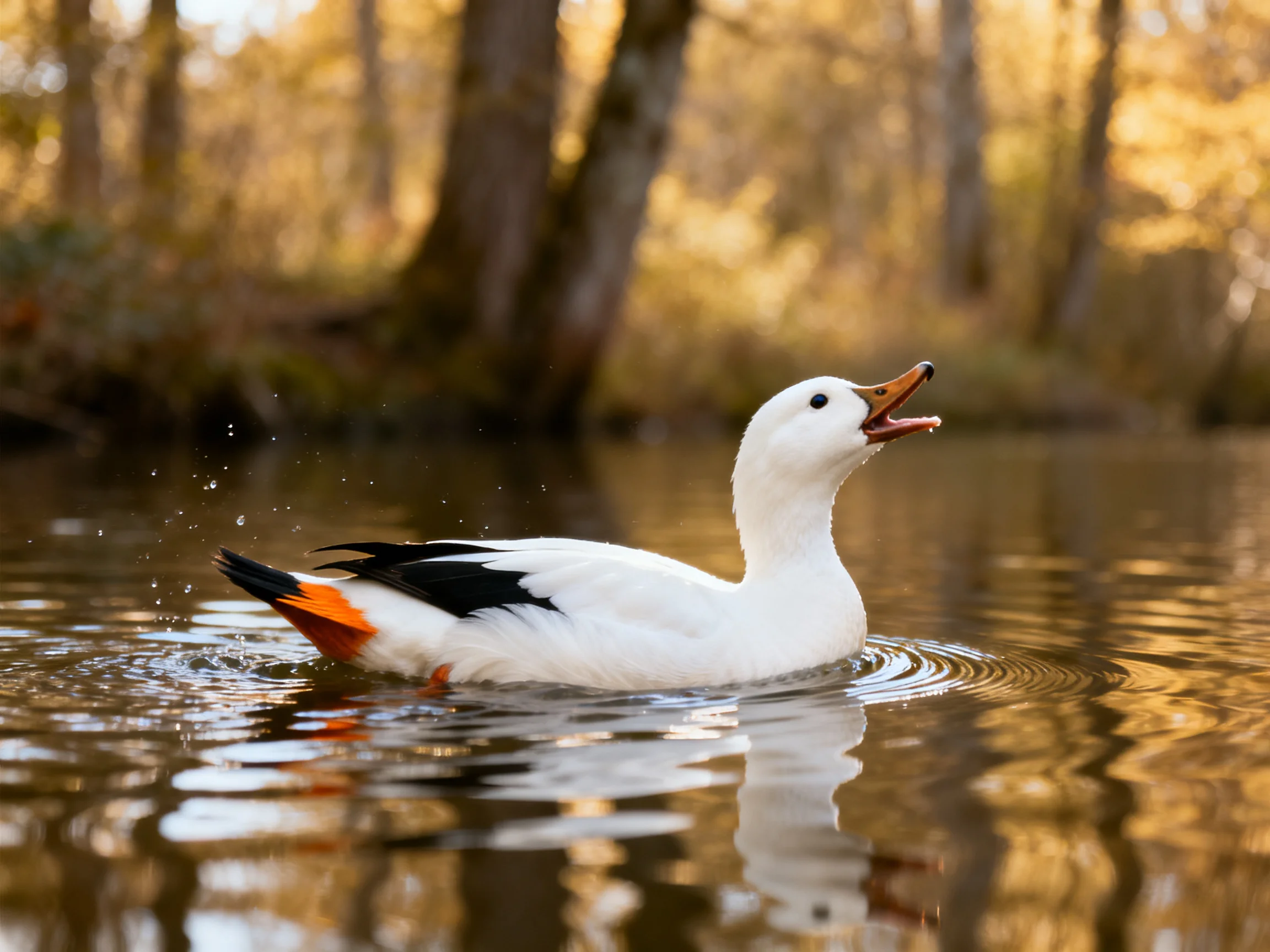 A white duck with black-orange wings swims in calm water near golden trees