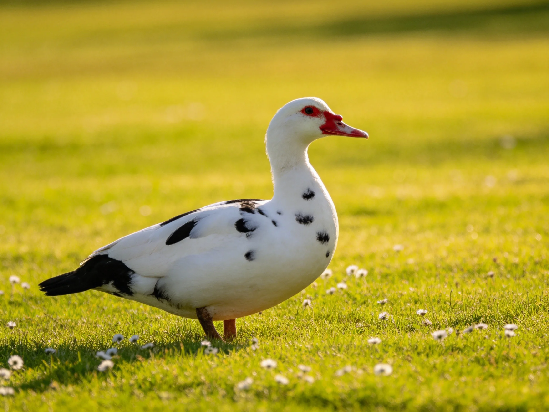A white duck with black spots standing on lush green grass