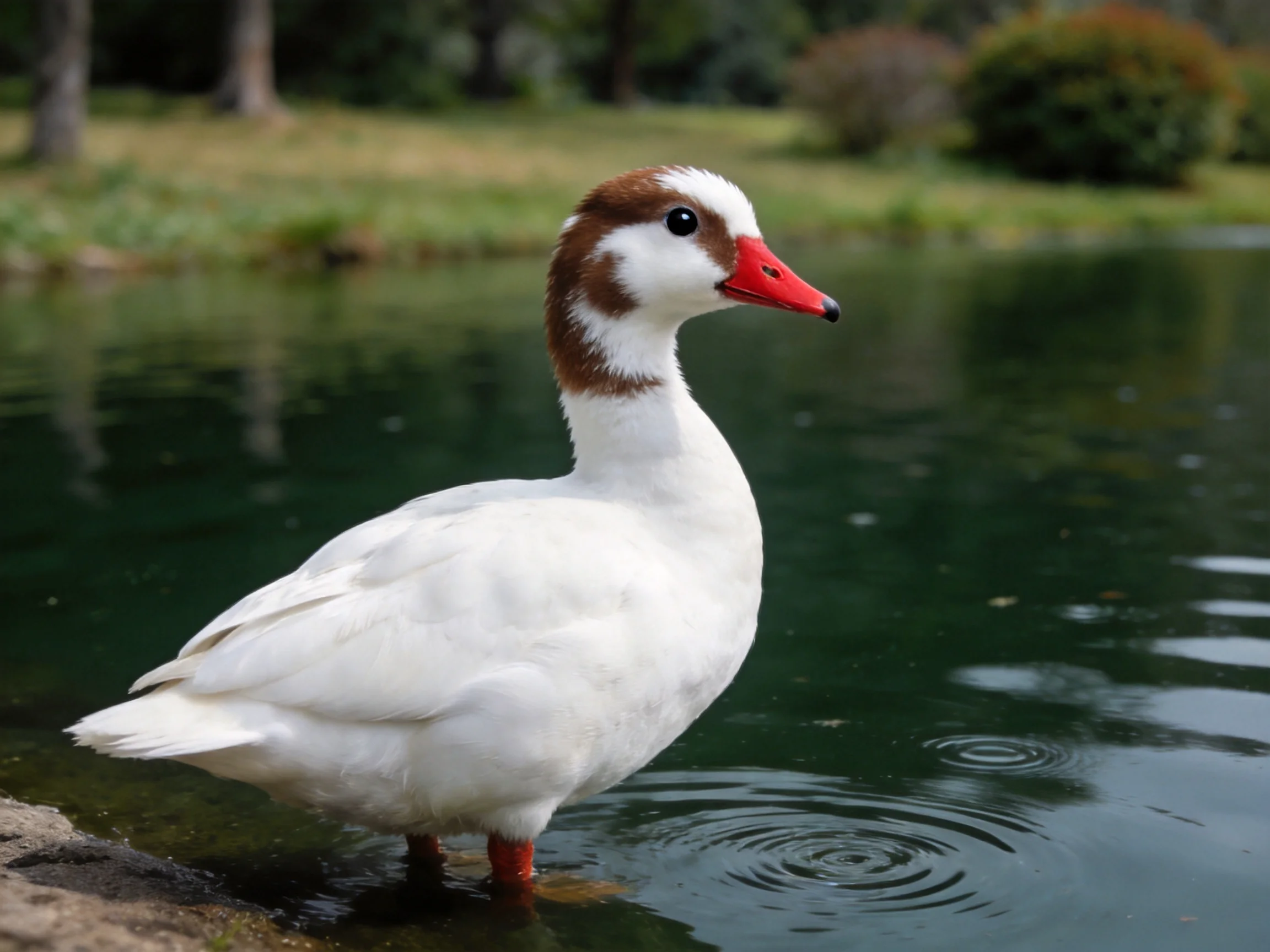A white duck with brown markings stands by calm water