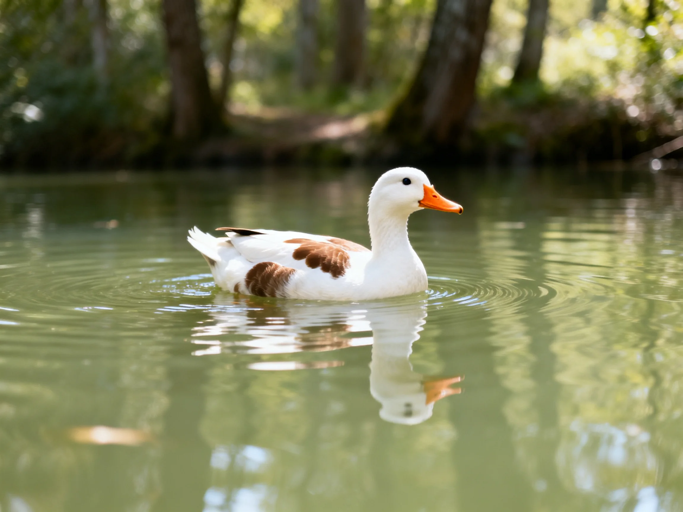 A white duck with brown patches swims in calm green water near trees