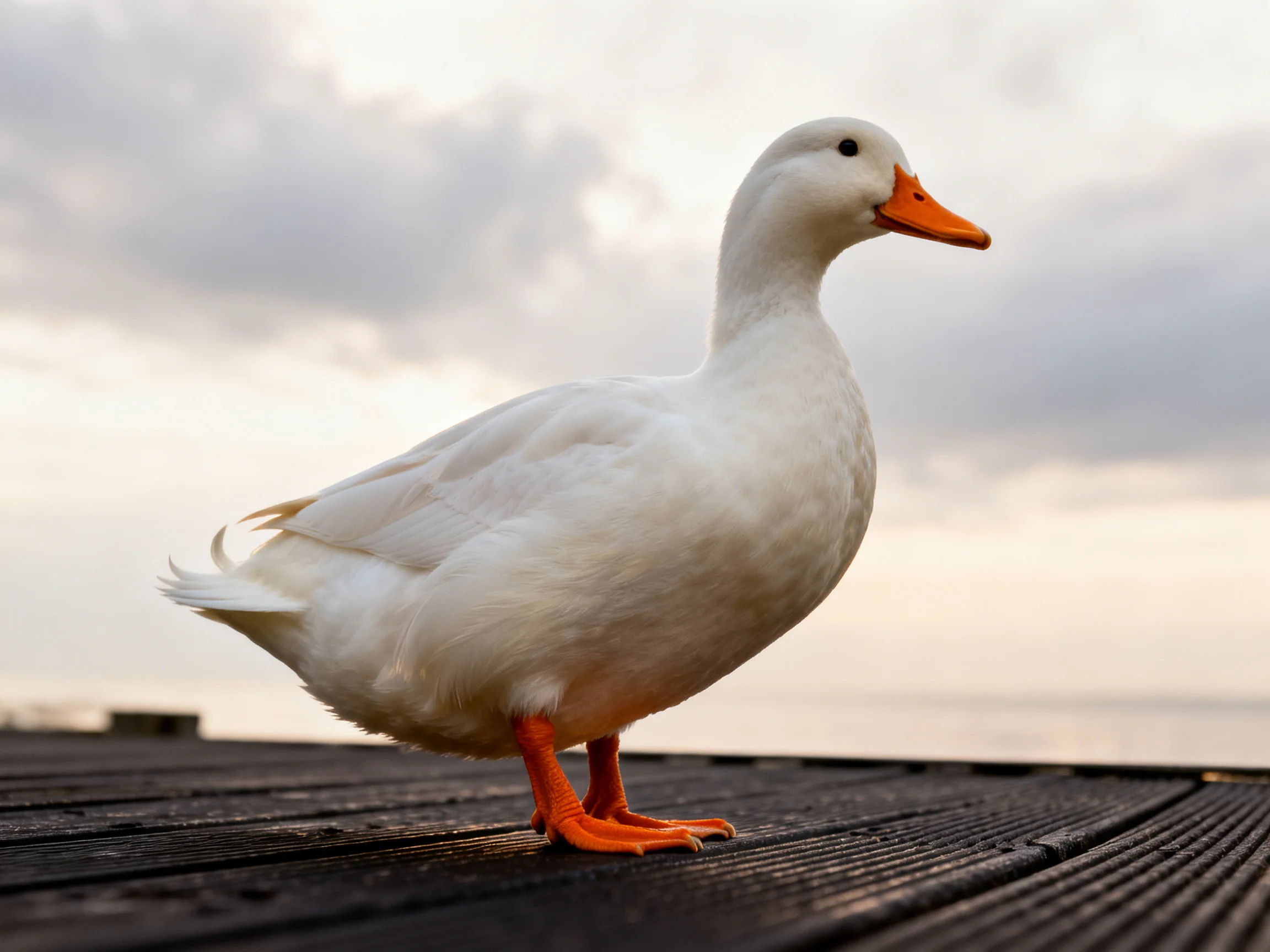 A white duck with orange beak and feet on a wooden dock