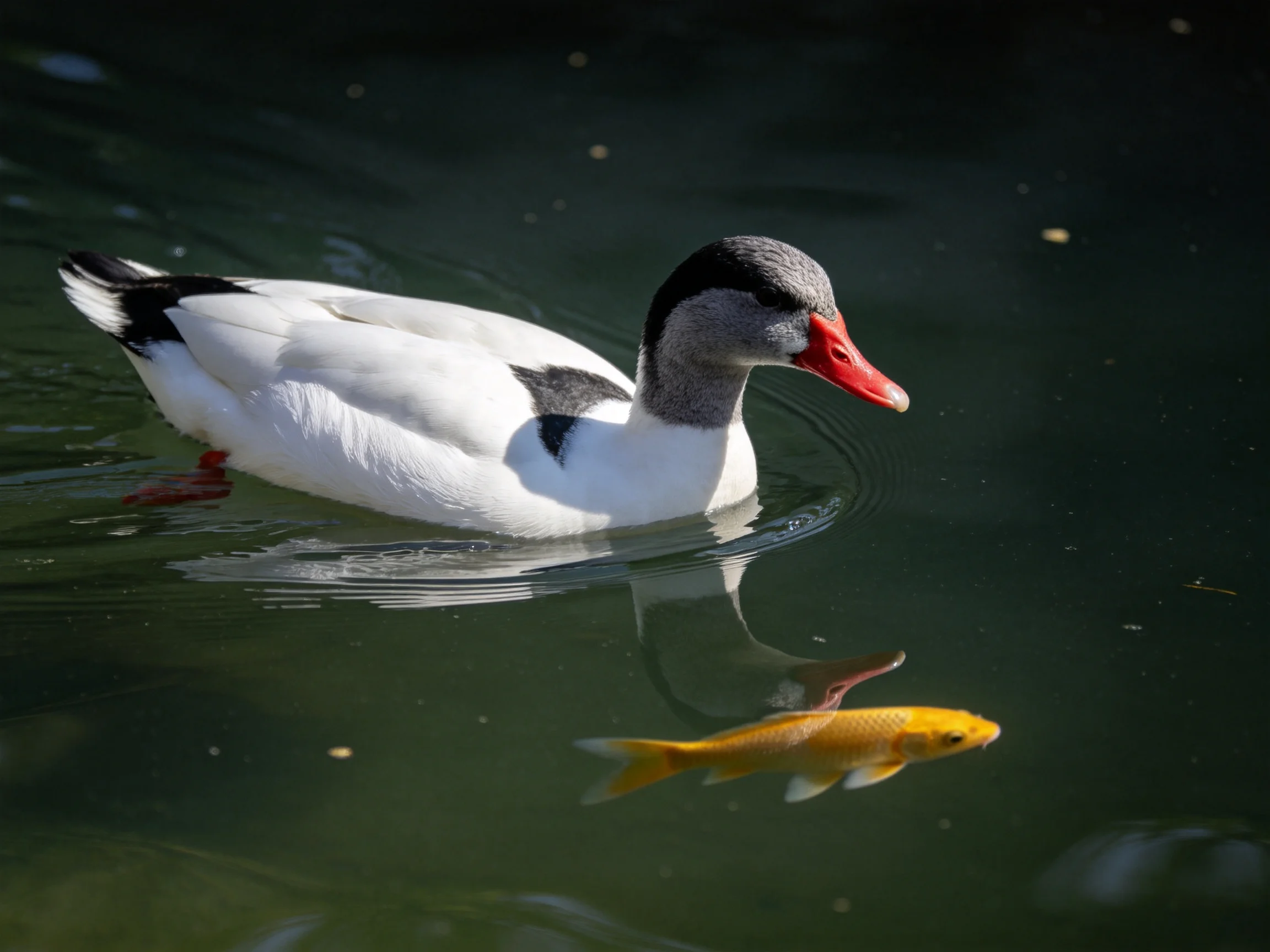A white duck swims near a golden fish in calm water.