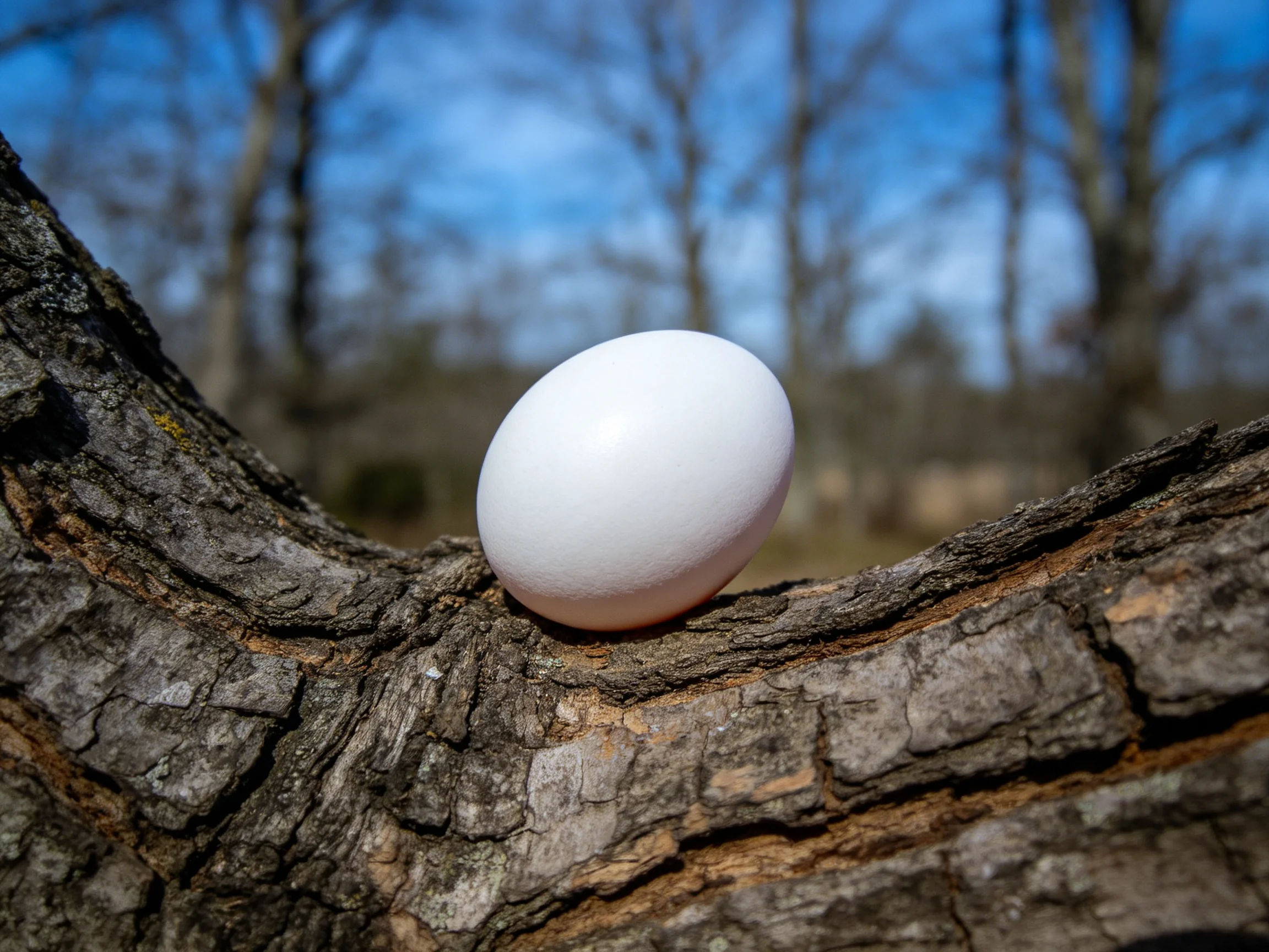 A white egg rests on a textured tree branch