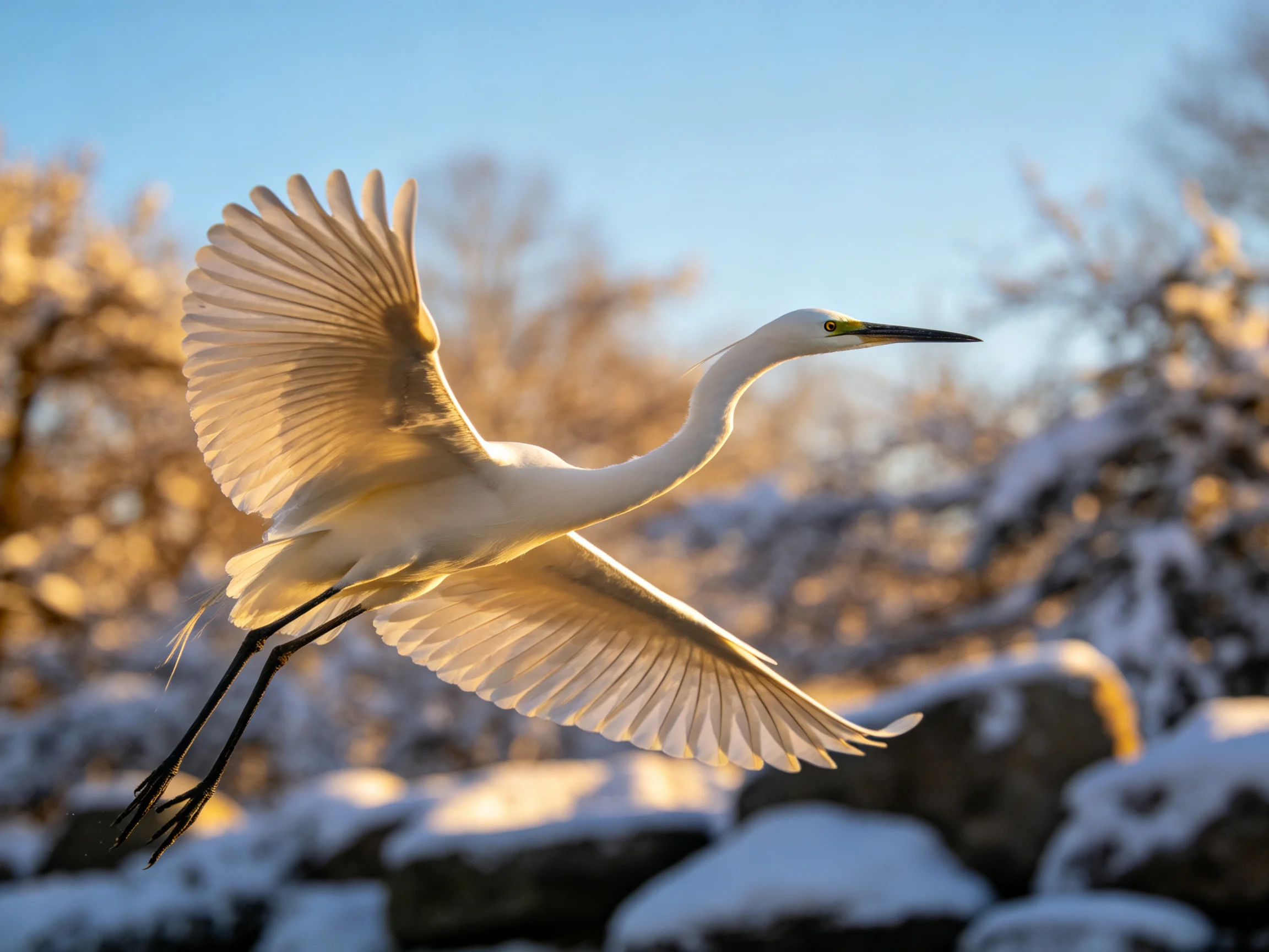 A white egret flies over a snowy landscape with frosty trees