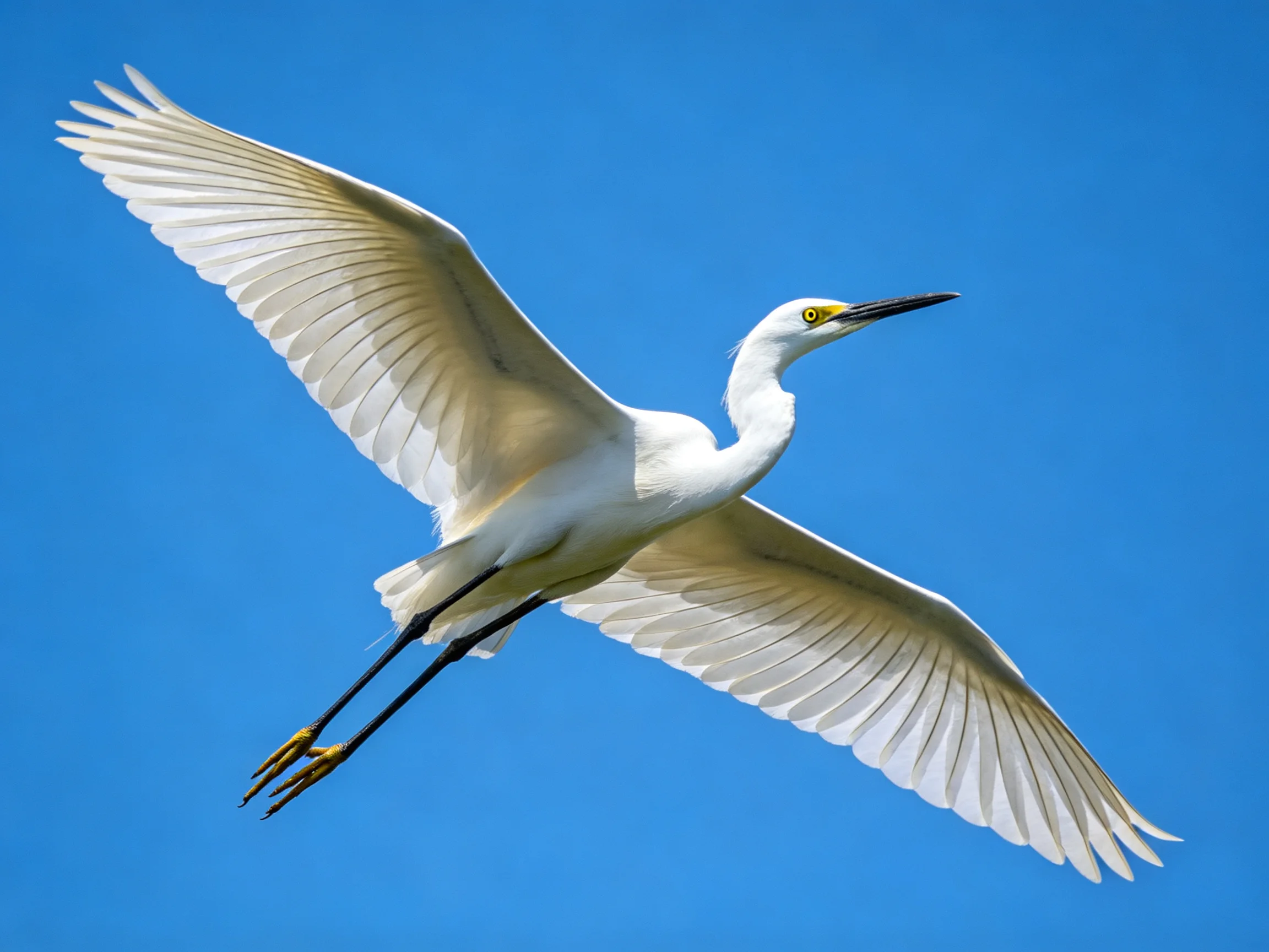 A white egret flies with outstretched wings against a bright blue sky