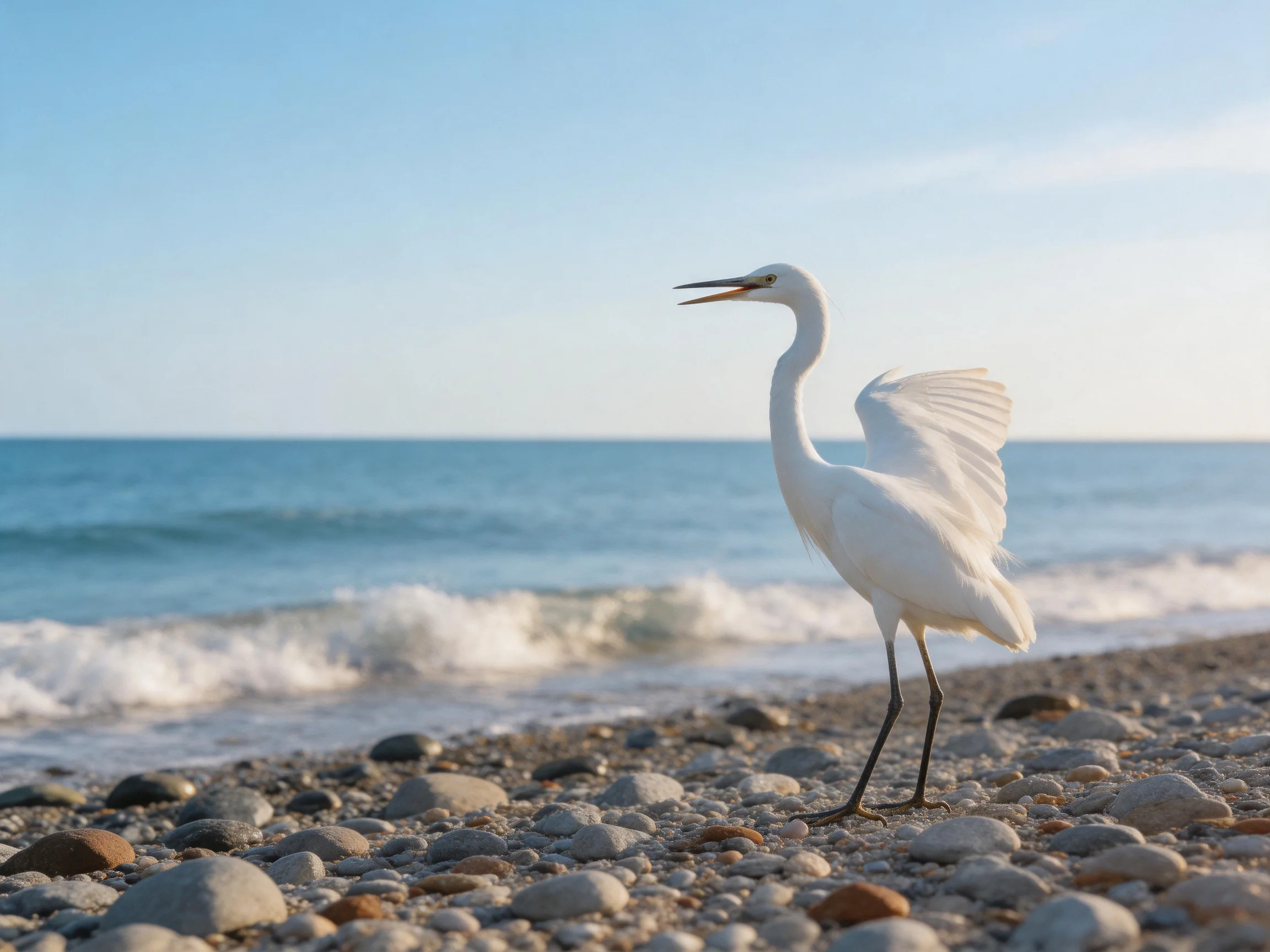 A white egret on a pebbly beach near the ocean