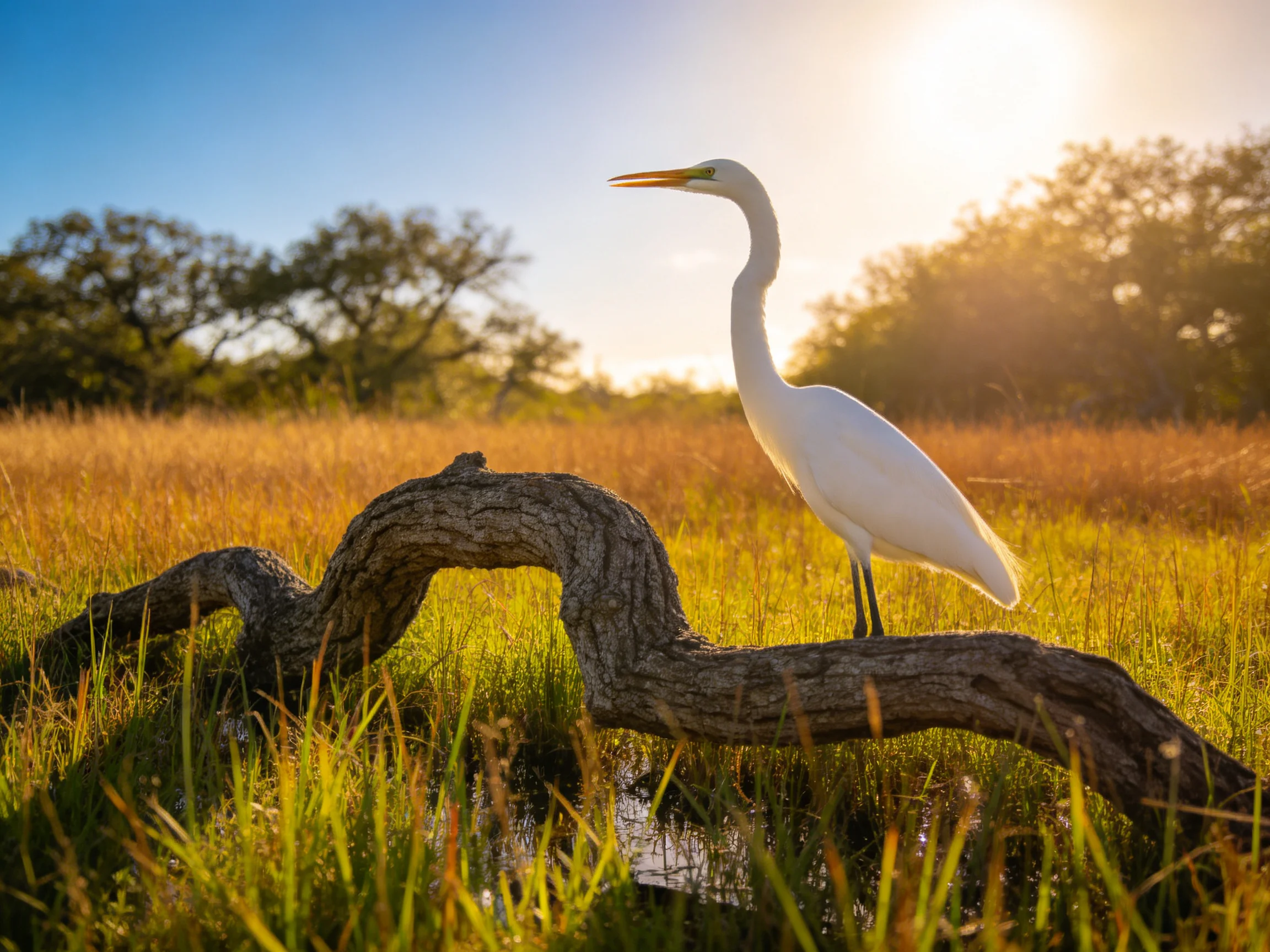 A white egret perched on a gnarled log in golden marshland