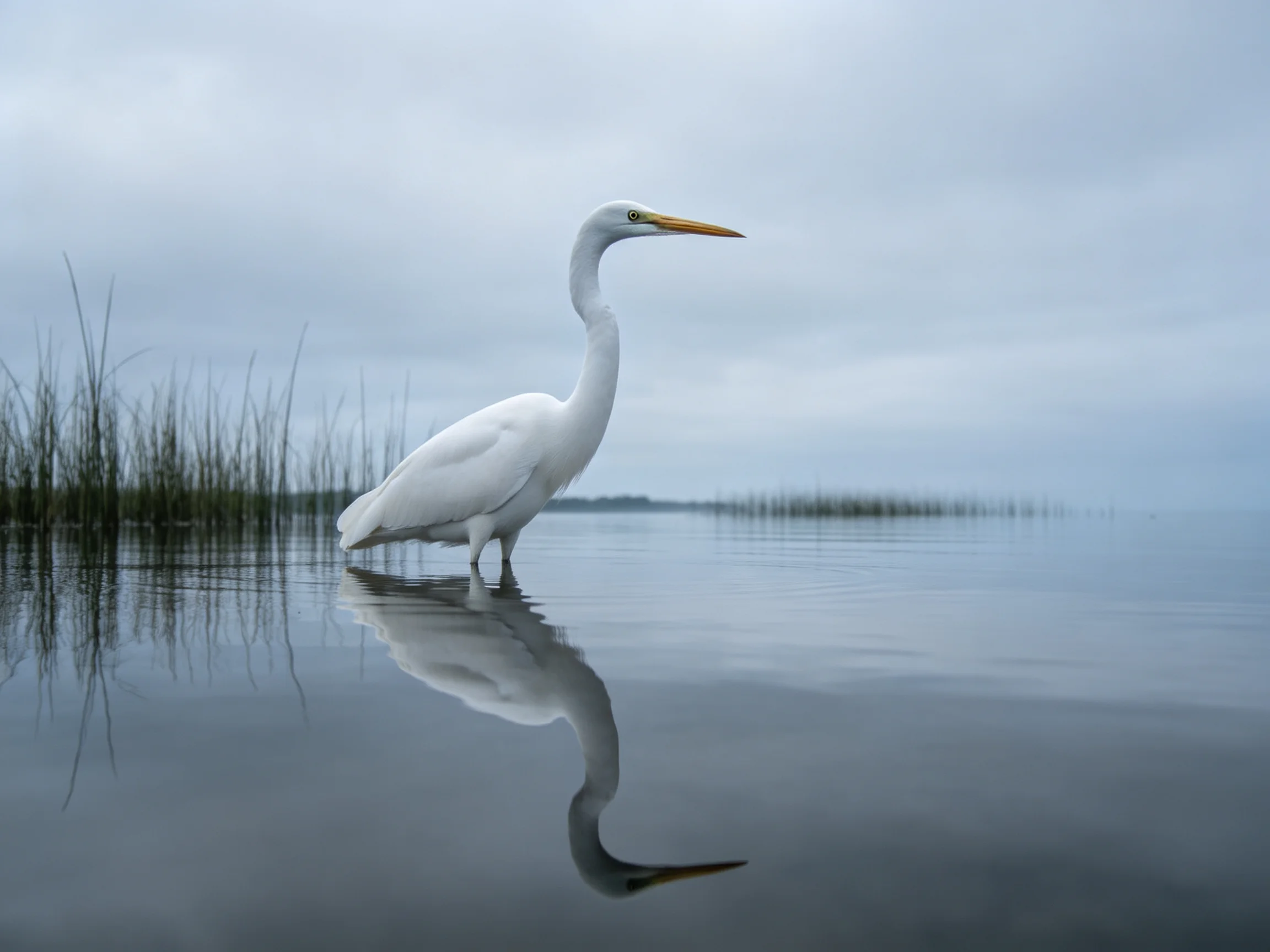 A white egret stands in calm water near tall reeds under a gray sky