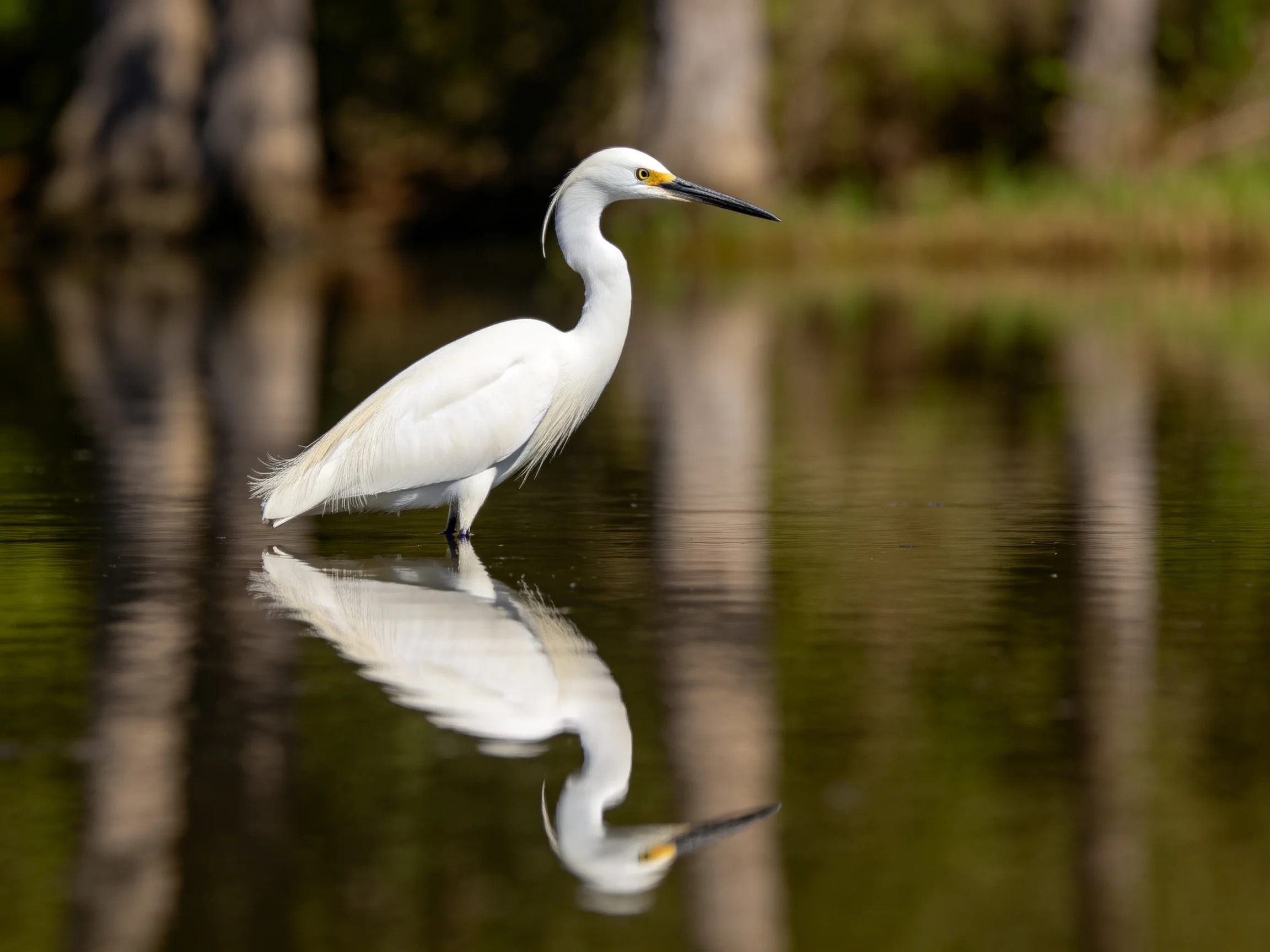 A white egret stands in calm water with a clear reflection