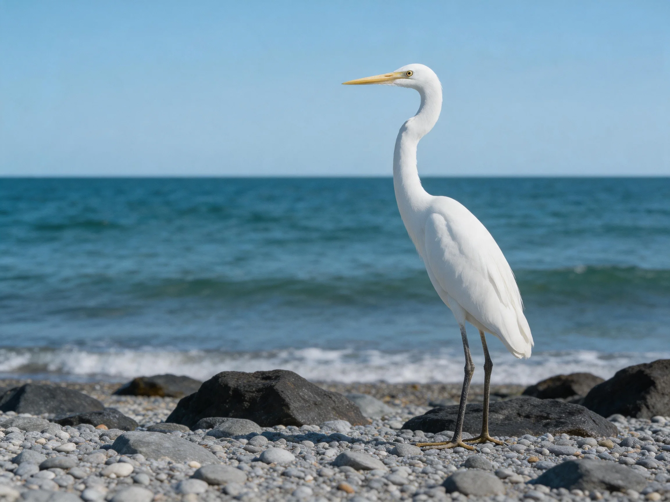 A white egret stands on a pebbly shore near dark rocks and blue sea