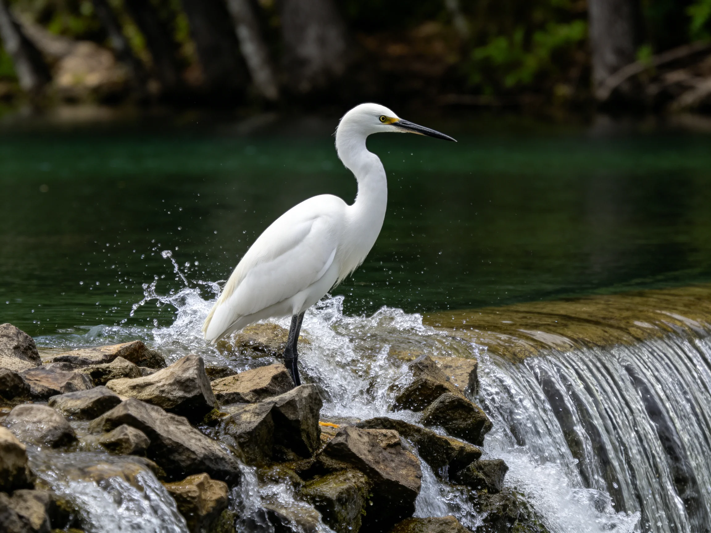 A white egret stands on rocky terrain near a cascading waterfall