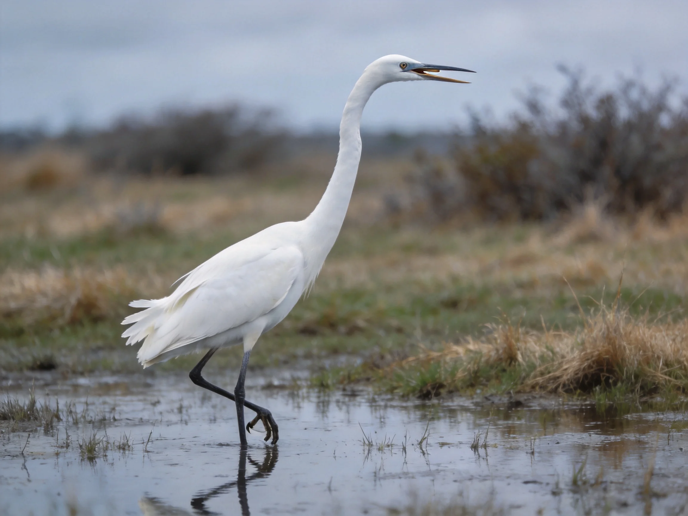 A white egret wades through shallow water amid dry grasslands