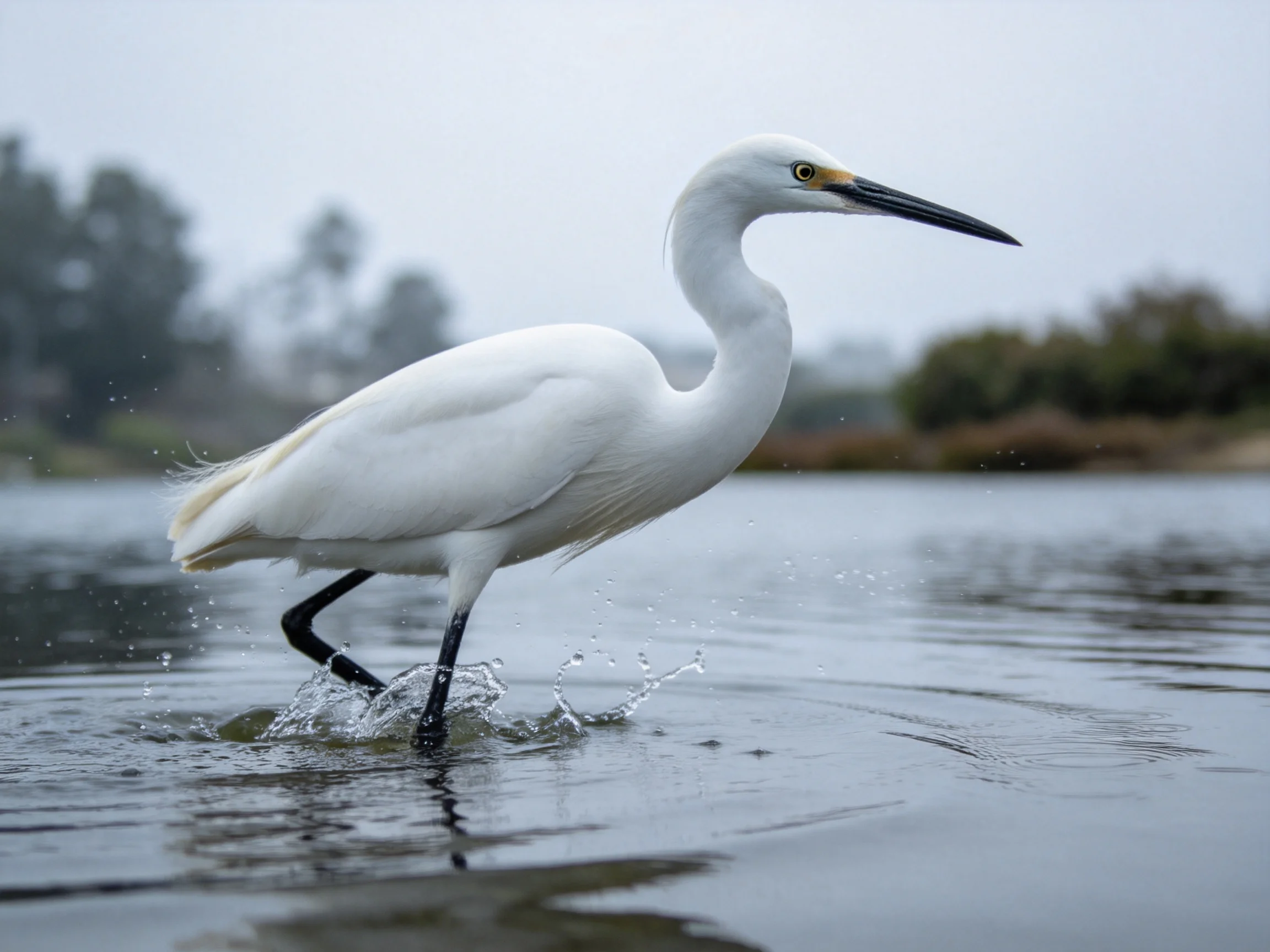 A white egret wades through shallow water near greenery