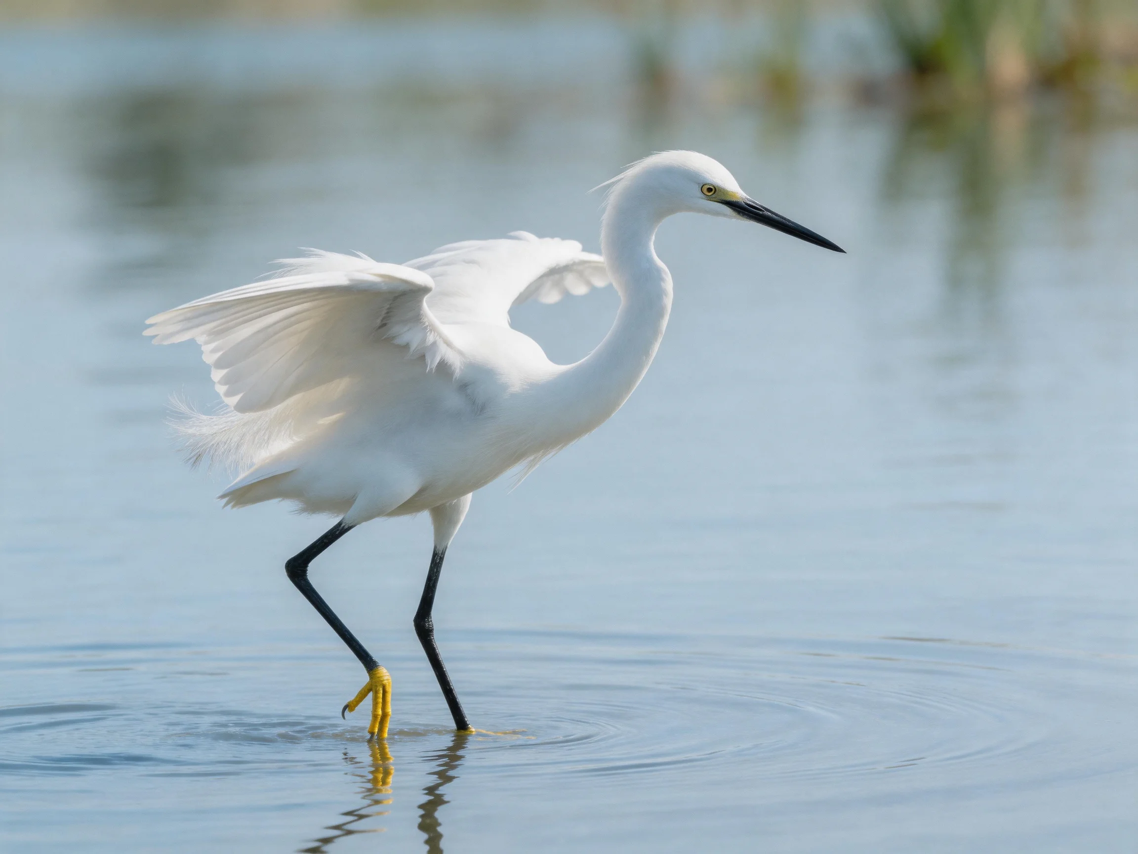 A white egret wading in calm blue water